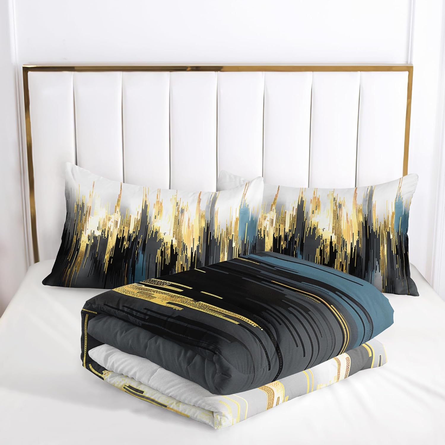 Black White Gold Gradient Color Print Comforter Set King Size,Abstract Art Bedding Set,Patchwork Printed Quilted Set for Teens Adult,with 1 Comforter and 2 Pillow Case - Image 4