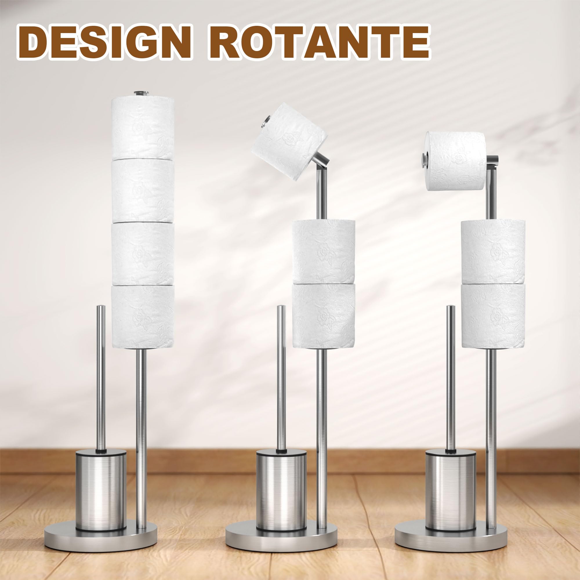 DIYGEEK Porta Carta Igienica da Terra con Scopino da Acciaio Inox | Piantana Portarotolo e Scopino per Bagno Argento Spazzolato con Base Zavorrata – Spazio per 2 Rotoli di Riserva, 70x21x21 cm