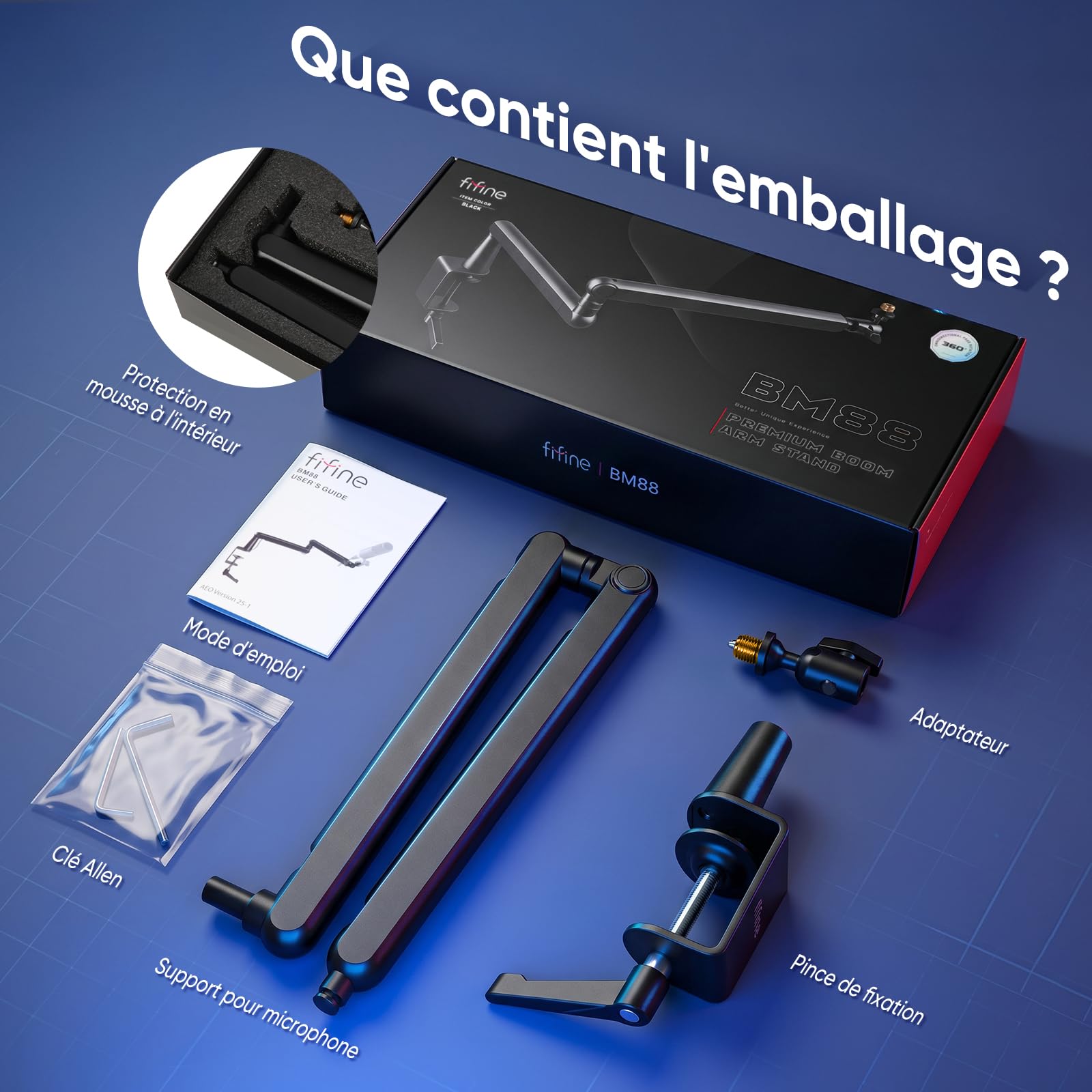 FIFINE Bras de Micro, Suspension Supports de Microphone, pour K658 AM8 K688 A8 etc., avec Pince de Montage sur Bureau, Adaptateur à Vis, Gestion des Câbles, pour Podcast, Streaming, Studio, Gaming