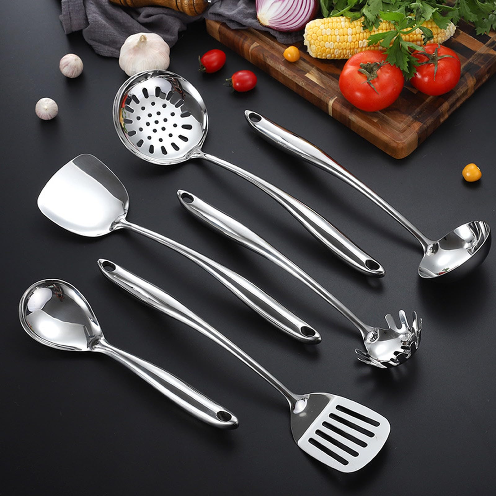 Küchenhelfer-Set aus Edelstahl 304, 7-teilig, hitzebeständig, inklusive Pfannenwender, Suppenkelle, Schaumlöffel, Pastalöffel und Schaumlöffel.