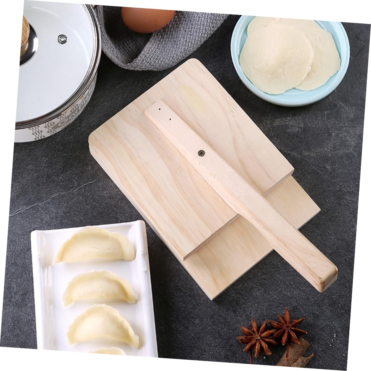 KICHOUSE 1pc Wood Dough Presser Tool for Dumpling Wrappers Manual Pressing Device for Home Use Lightweight Wooden Dumpling Making Supplies Versatile Kitchen Gadget for Biscuits and More