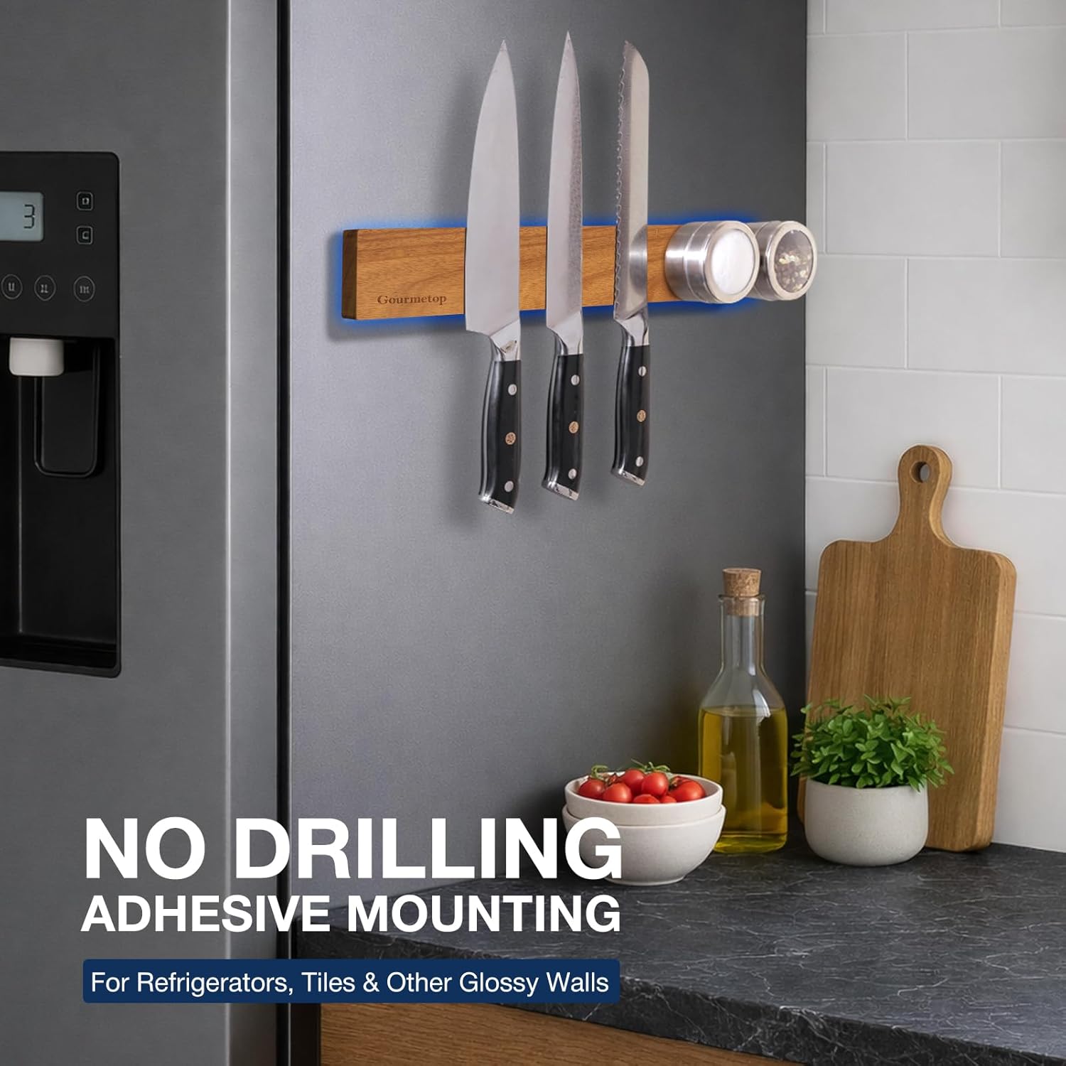 Magnetic Knife Holder for Wall, Acacia Wood Magnetic Knife Strip 16”, Strong N50 Knife Magnet Rack, No Drill 3M Adhesive or Screw Mount, Wooden Kitchen Knife Holder Organizer for Wall, Fridge, Kitchen