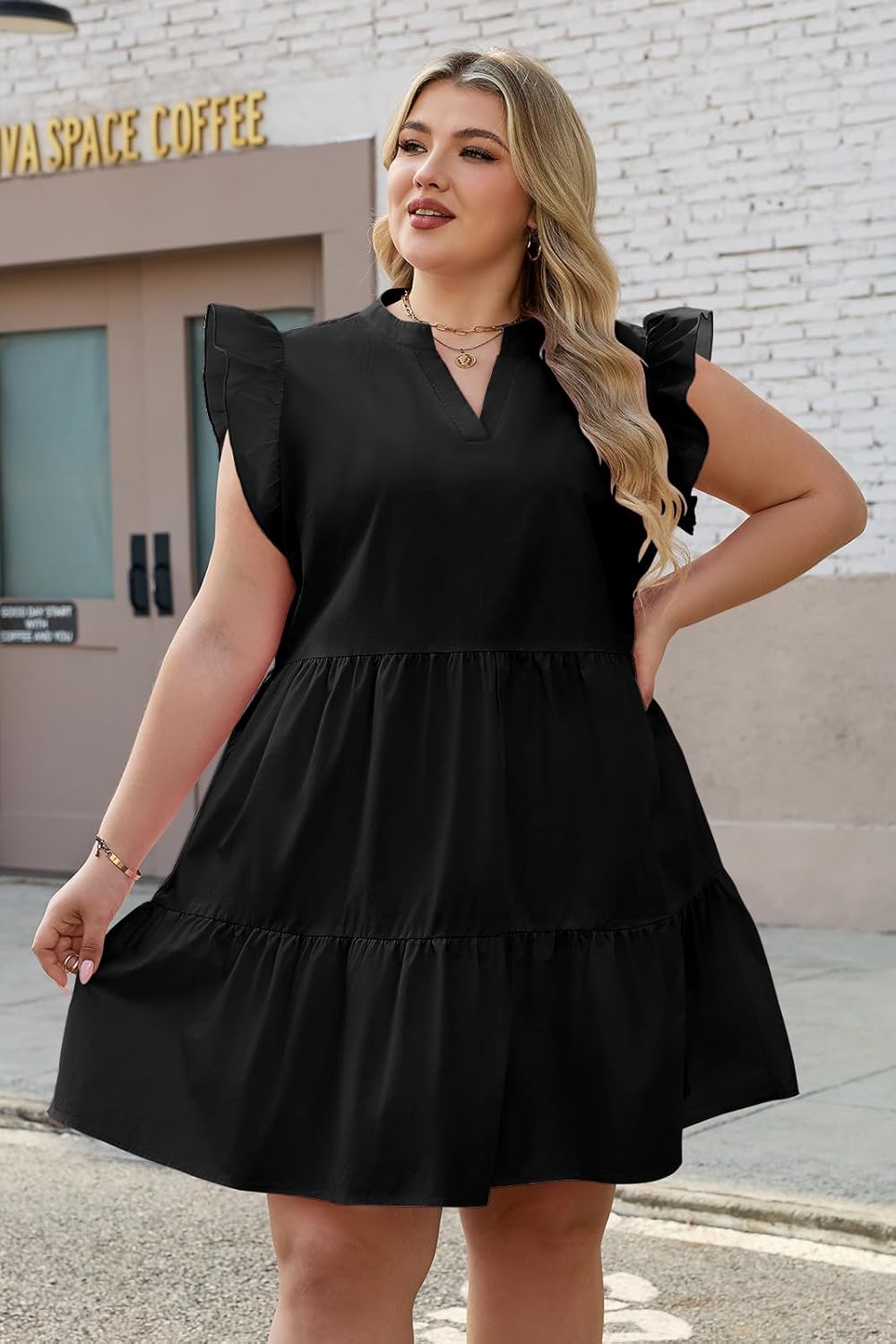 Hount Women's Plus Size Dresses 2026 Summer Ruffle Sleeve V Neck Short Dresses Babydoll Dress - Image 4