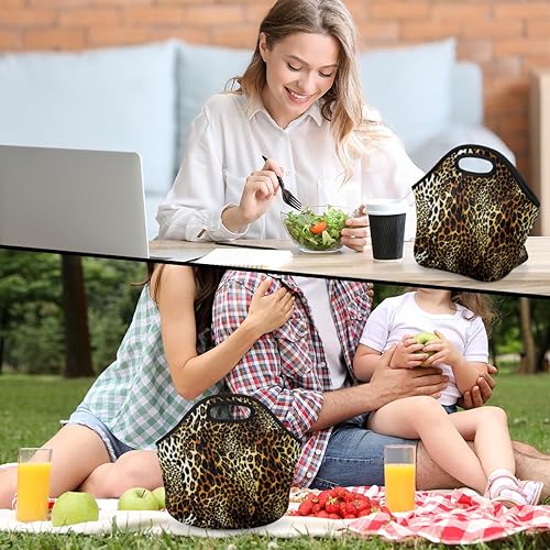 Miniatura 7 de Bolsa de almuerzo de neopreno con estampado de piel de leopardo, suave, lavable, reutilizable, aislada, ligera, para preparación de comidas, para