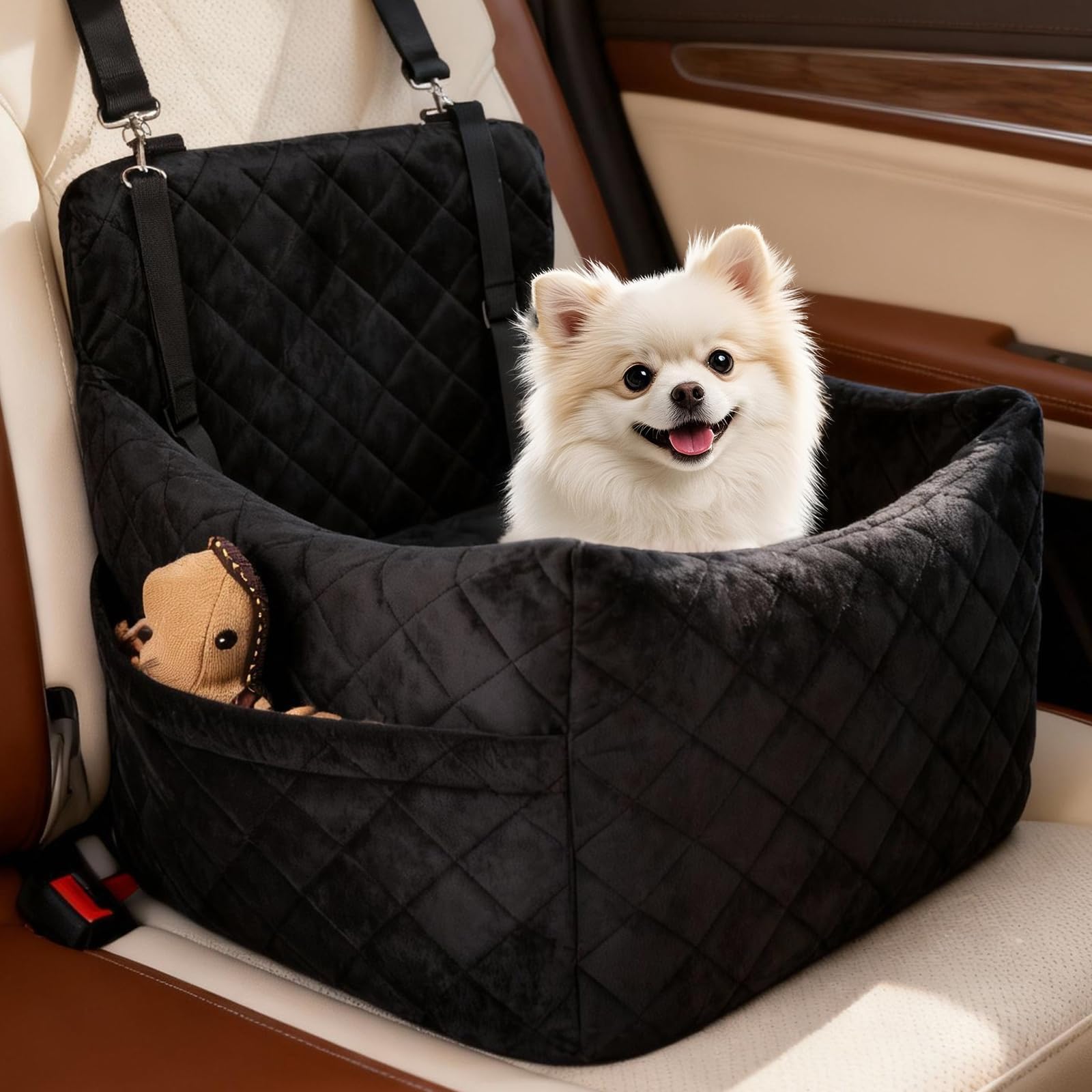 Siège Auto en Peluche pour Petit Chien Jusqu'à 9 Kg | Mousse À Mémoire De Forme, Base Antidérapante, Ceinture De Sécurité, Housse Lavable 45 × 45 × 35 Cm