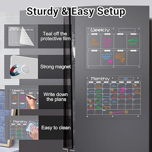 Miniatura 4 de Calendario acrílico magnético para refrigerador, 2 piezas, calendario magnético de borrado en seco, pizarra transparente de borrado en seco para