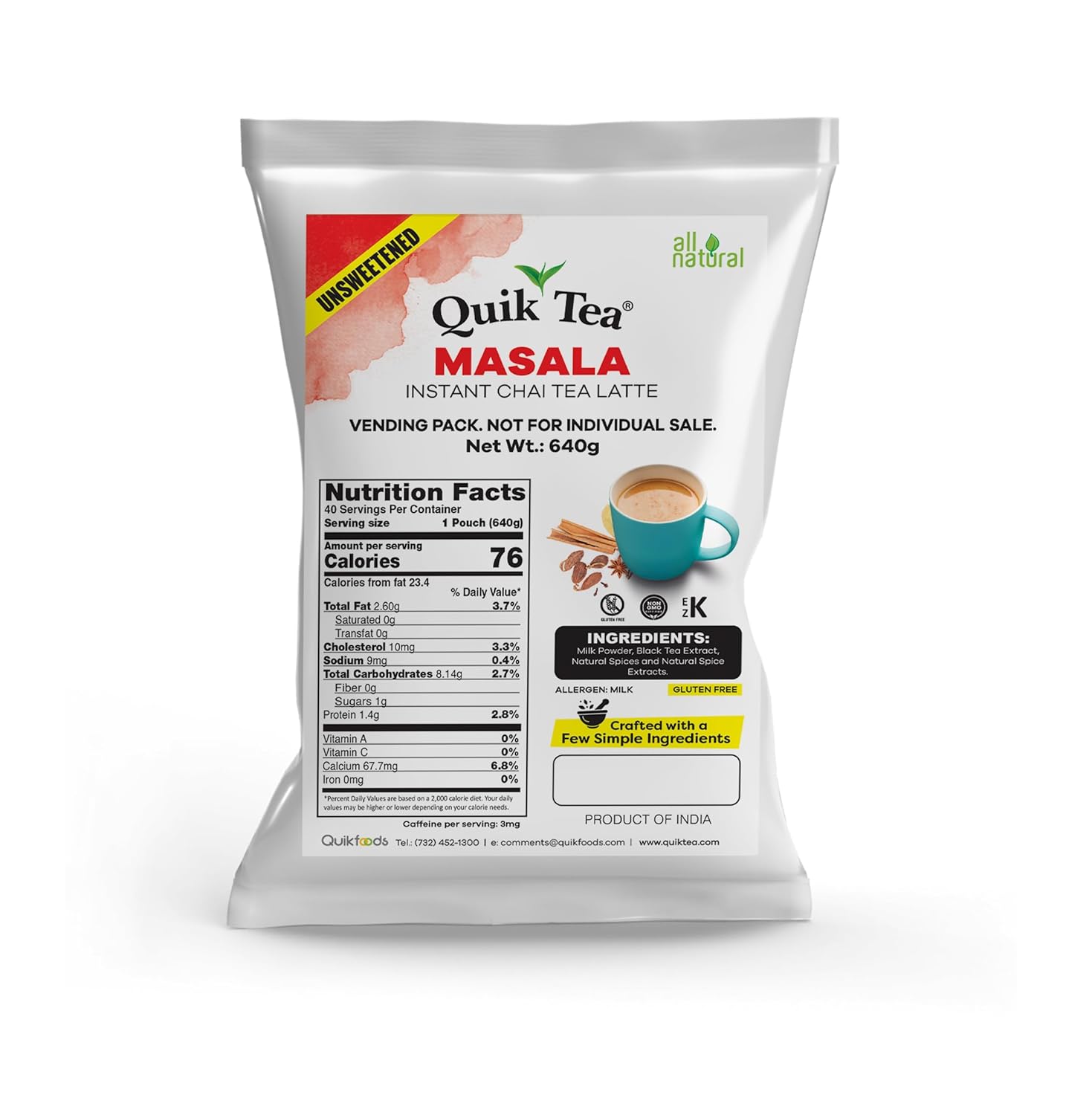 QuikTea Masala Unsweetened Chai Tea Latte - Bold Masala Flavor, Naturally Caffeine-Light, Preservative-Free, No Sugar Added – 640g of Perfection, Gluten Free, Kosher