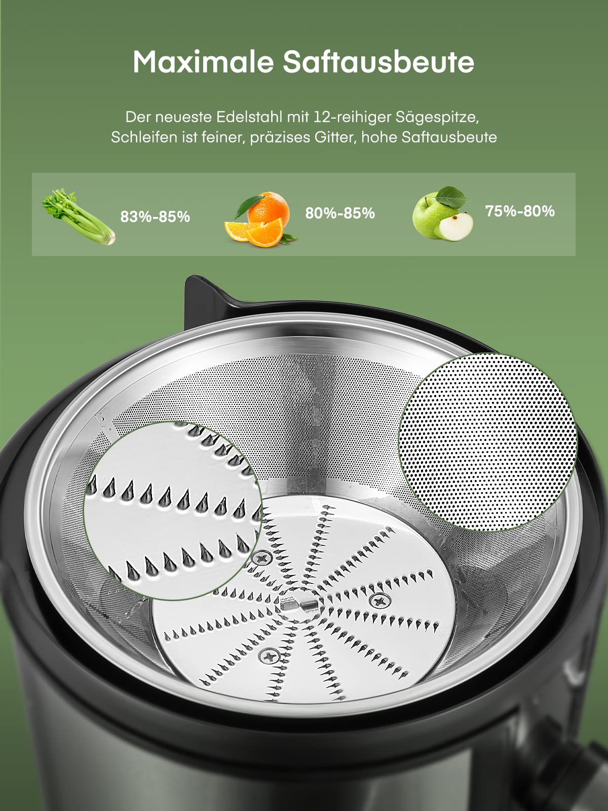 Juilist Entsafter Gemüse und Obst 800W, Edelstahl Saftpresse mit 75mm Einfüllöffnung, 2 Geschwindigkeitsstufen, 1100ml Saftbehälter, Einfach zu Reinigen, inkl. Bürste & Rezeptbuch