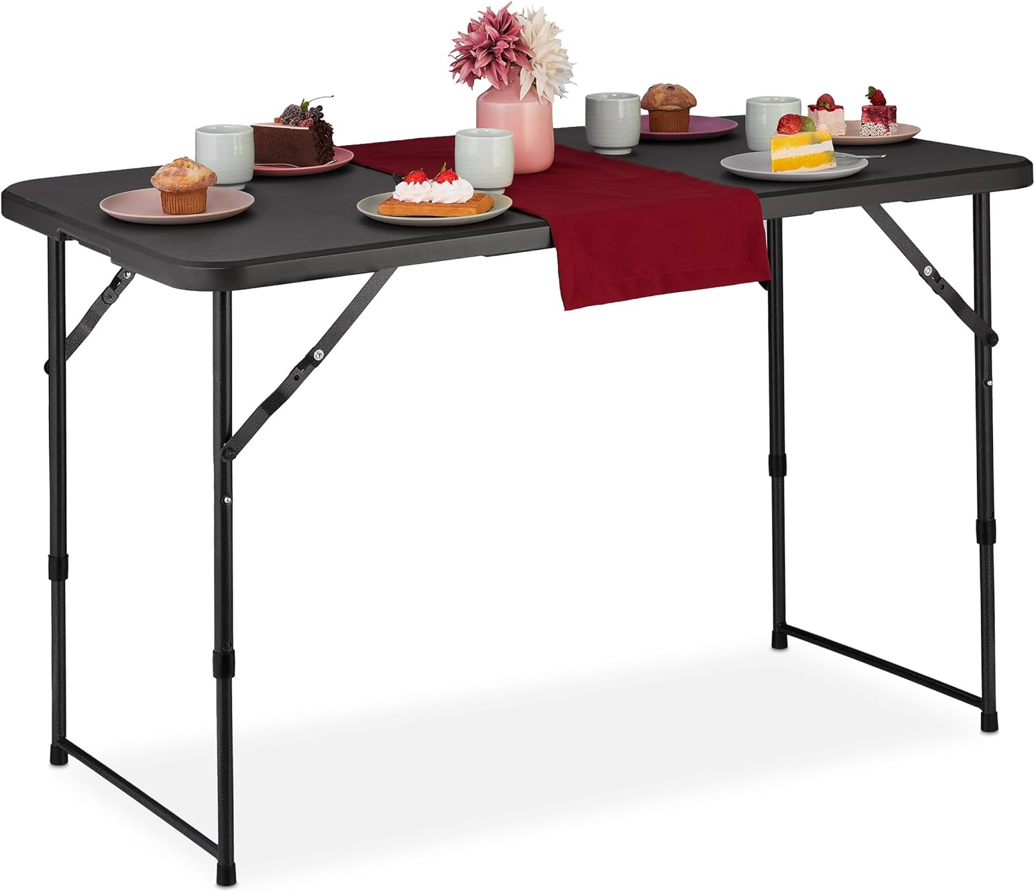 Folding Camping Table, H x W x D: 53.5 x 120 x 60 cm, Plastic, Steel, Weatherproof, 6 People, Garden Table, Black