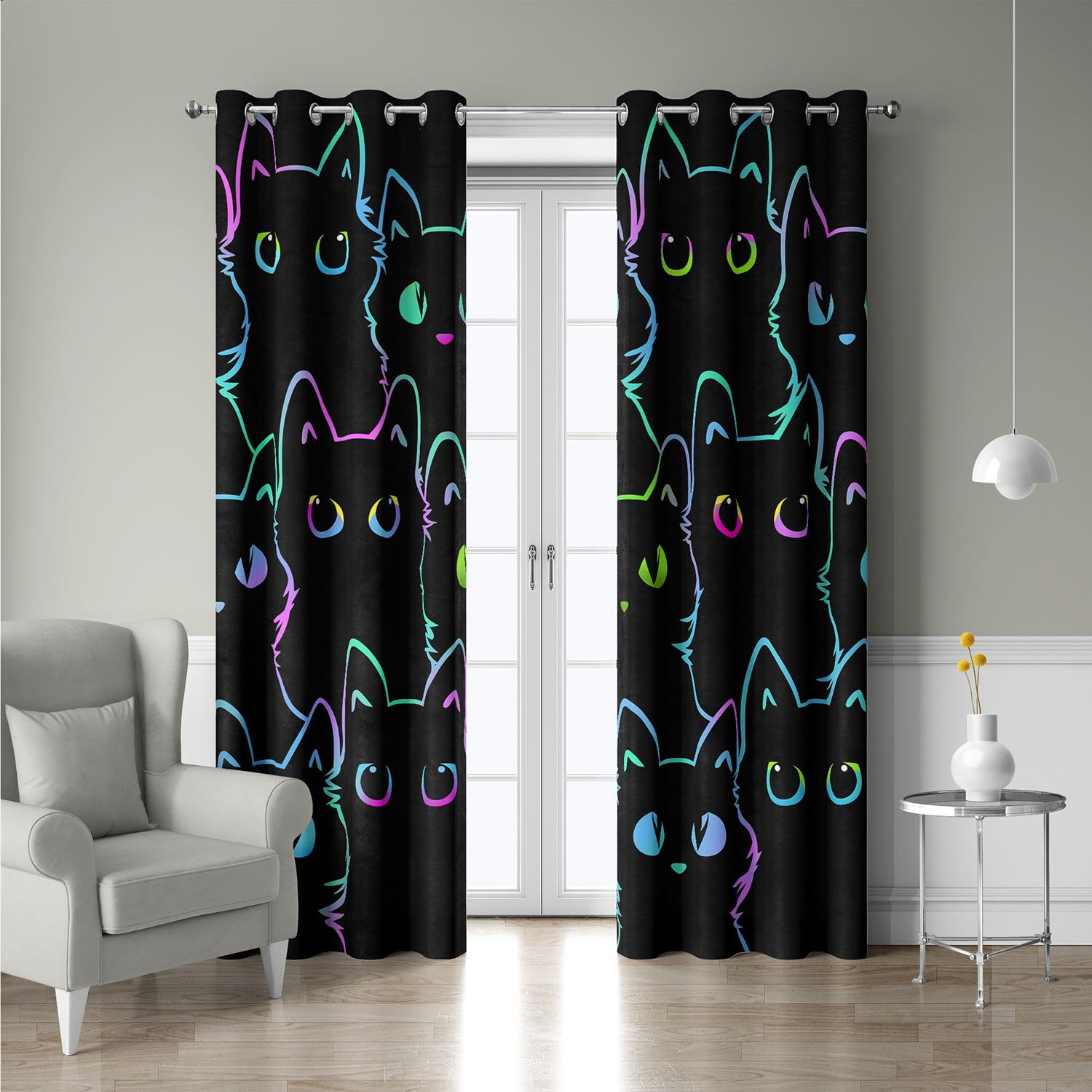 HOSIMA Curtains Eyelet for Boys and Girls Soft Breathable Black Cat Print Curtains 2-piece Set Suitable for Bedroom Living Room Decoration (Black Cat - Image 2