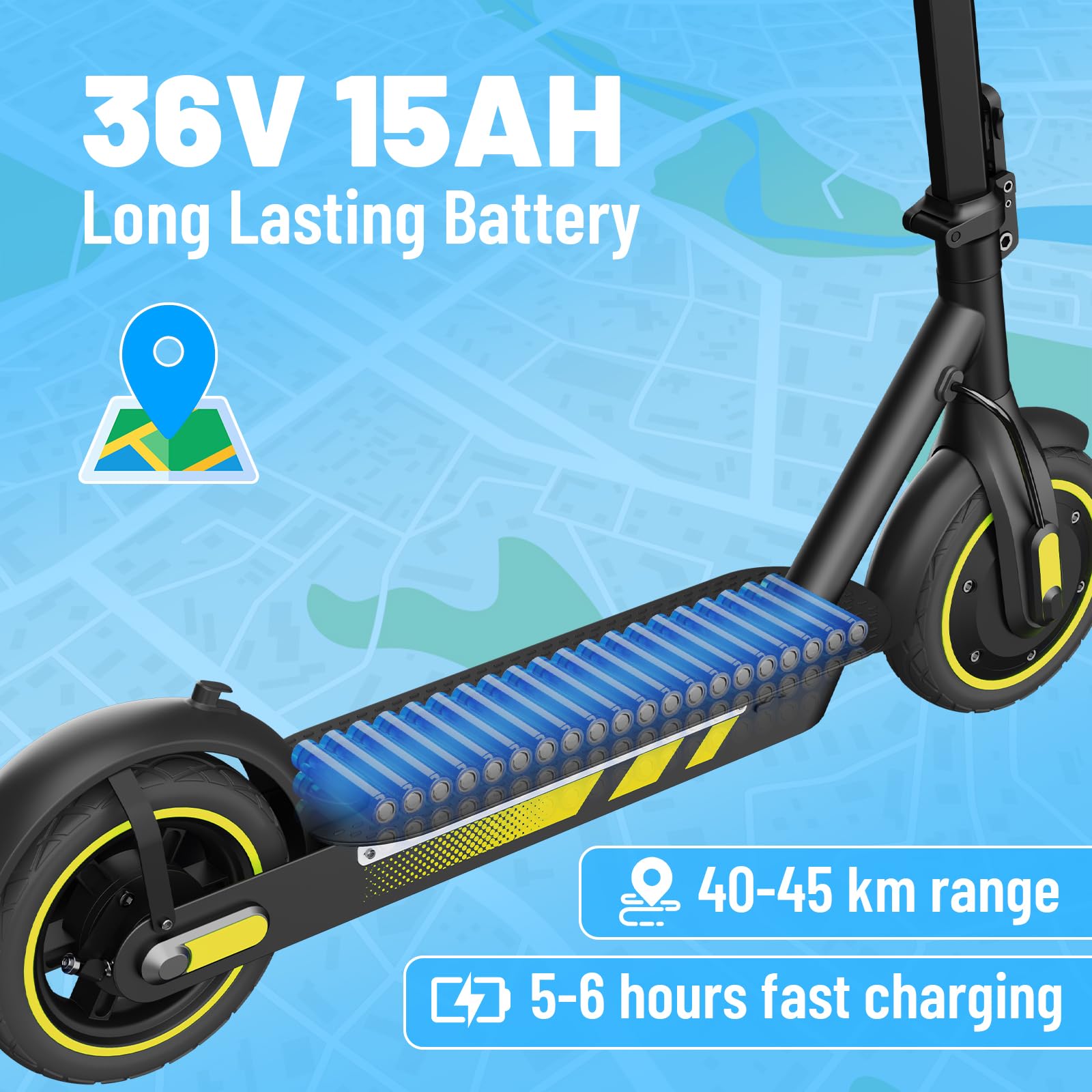 Patinete eléctrico para adultos, neumáticos neumáticos neumáticos de 10 pulgadas, patinete eléctrico 500 W, velocidad máxima 25 km/h, autonomía 40-45 km, batería 36 V 15 Ah, luces laterales RGB, Rough