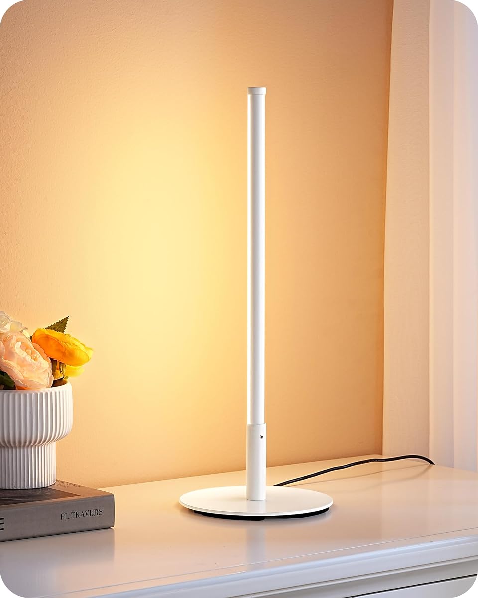 EDISHINE LED Table Lamp, Minimalist Desk Lamps for Home Office, White | Dimmable, 3 Color Temperature, Power Cord Touch Switch, Metal Finish, Ideal for Bedroom, Living Room
