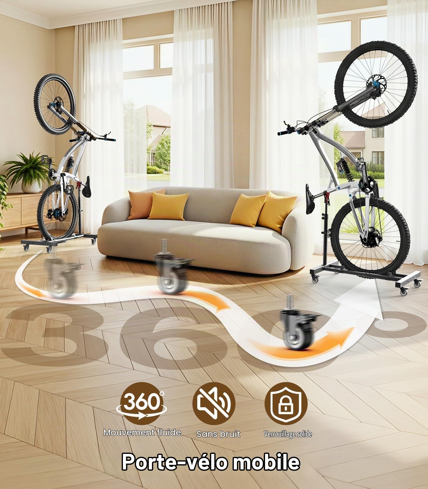 Housolution Support Vertical de Vélo avec Roues 360°,Jusqu'à 29 Pouces,2Pcs | Hauteur Réglable, Sans Perçage, Résistant jusqu'à 80 Livres, Support Autonome pour Garage & Appartement, VTT/Vélos