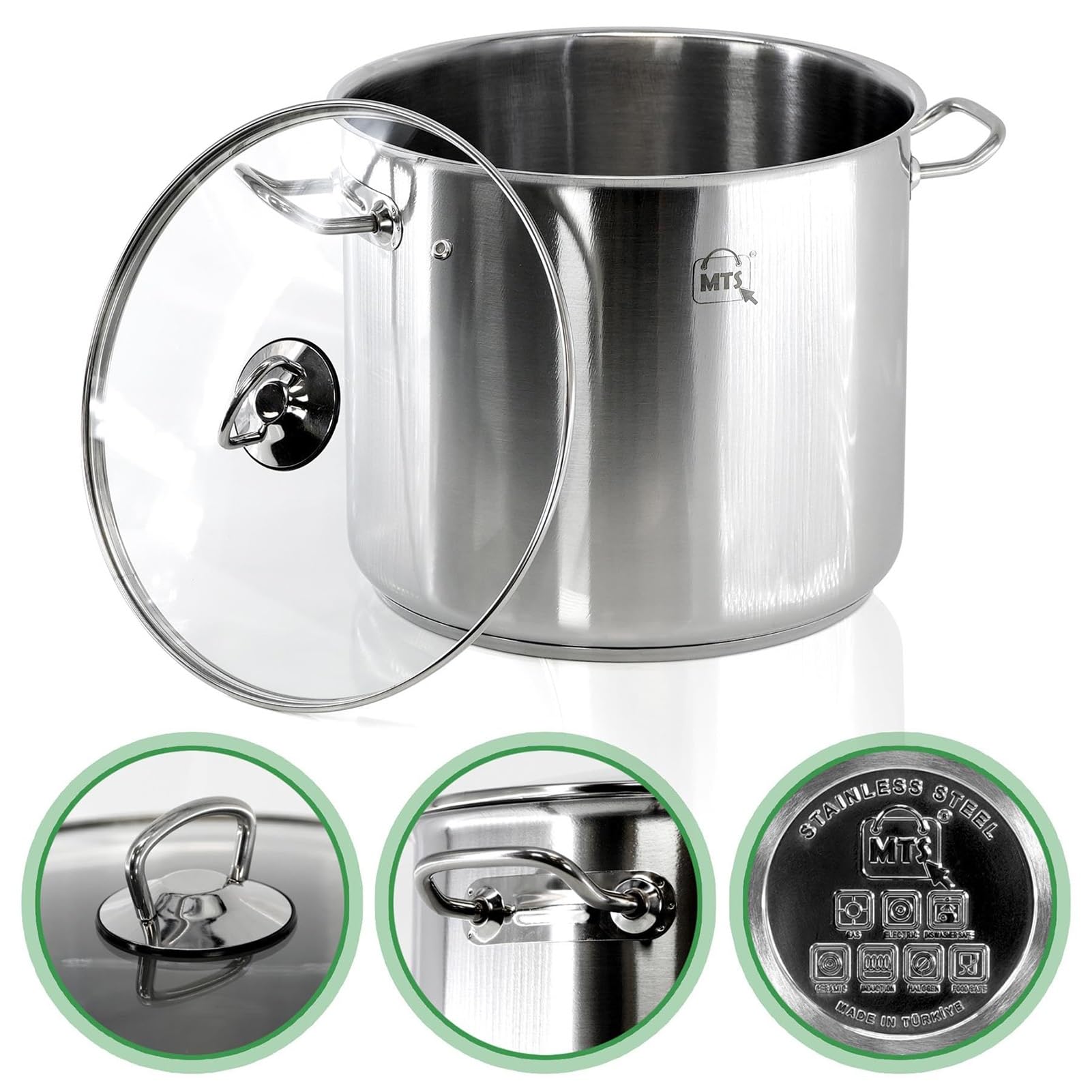 Olla Grande de Acero Inoxidable con Tapa, Olla Grande de 9 l con Tapa, Cacerola Grande y Profunda, Utensilios de Cocina, Olla para Sopa con Doble asa (15 litros)
