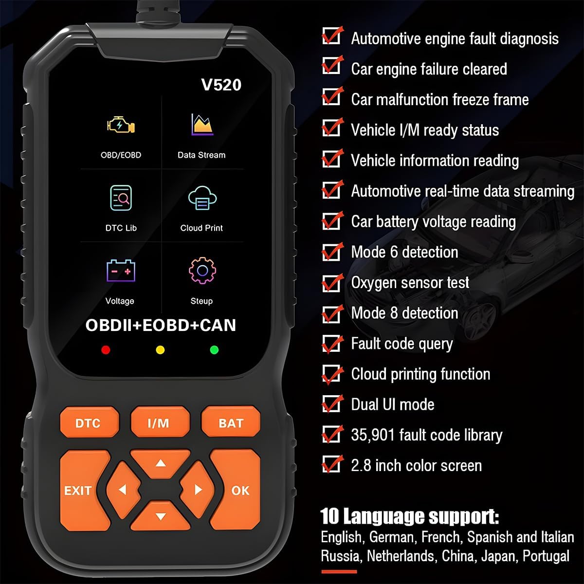 Professional OBD2 Car Scanner Diagnostic Tool, Enhanced V520 Vehicle OBDII/EOBD Check Engine with Read/Erase Fault Code, Auto Code Reader Scanner, Universal for Cars After 1996