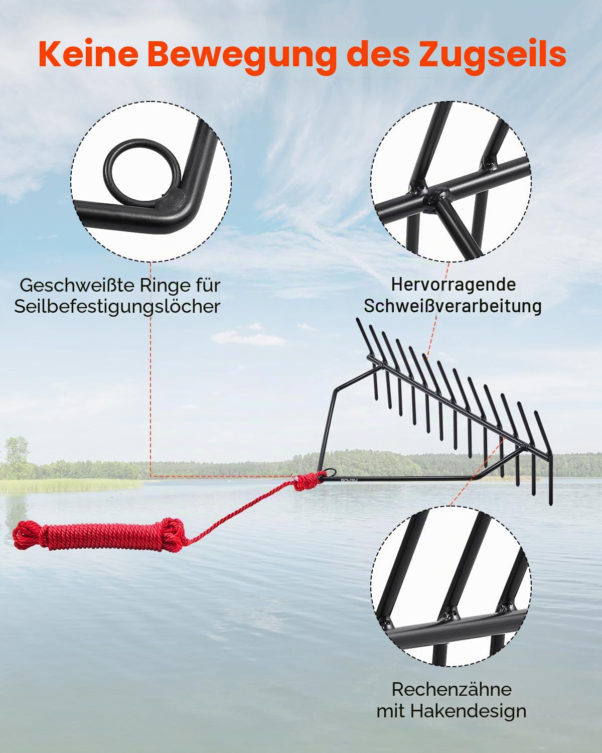 VEVOR Teichrechen, 610x215x355 mm, doppelseitiger Unkrautentfernungswerkzeug, Teichpflanzenschneider mit 9 m Seil, Befestigungsloch, kein Zusammenbau erforderlich, ideal für Teich, See, Bach