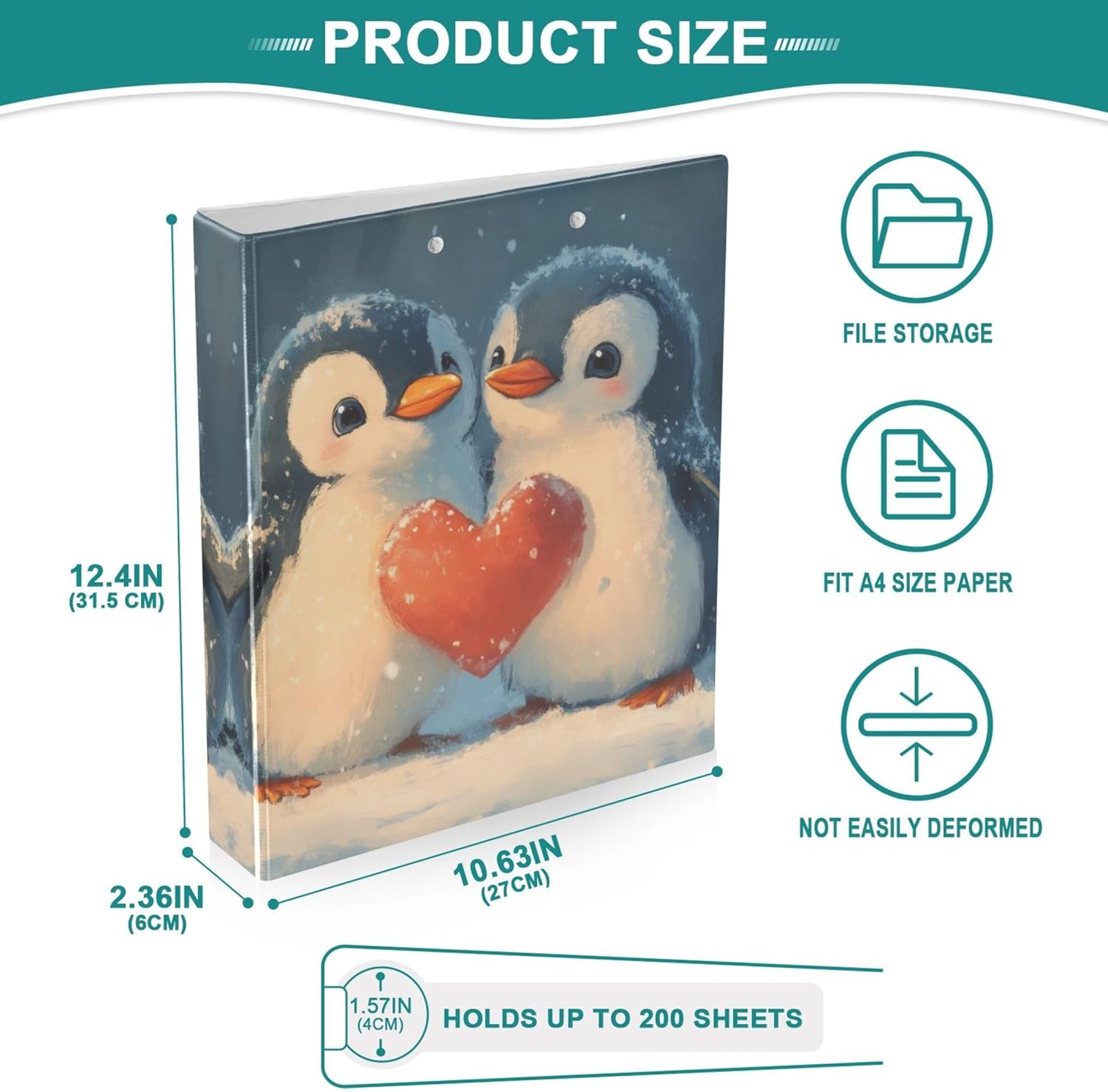 Valentine's Day Two Penguins 3 Ring Binders, 1.5” Round Ring Binders with Clipboard - Letter Size, 3 Interior PVC Clear Pockets & Anti-Slip Clip for Office School Supplies, 2PCS