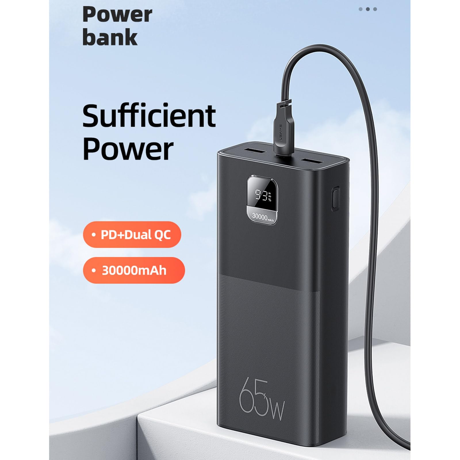 Powerbank o dużej pojemności i mocy 65 W o dużej pojemności 30000 mAh. Nadaje się do ładowania laptopów i telefonów komórkowych