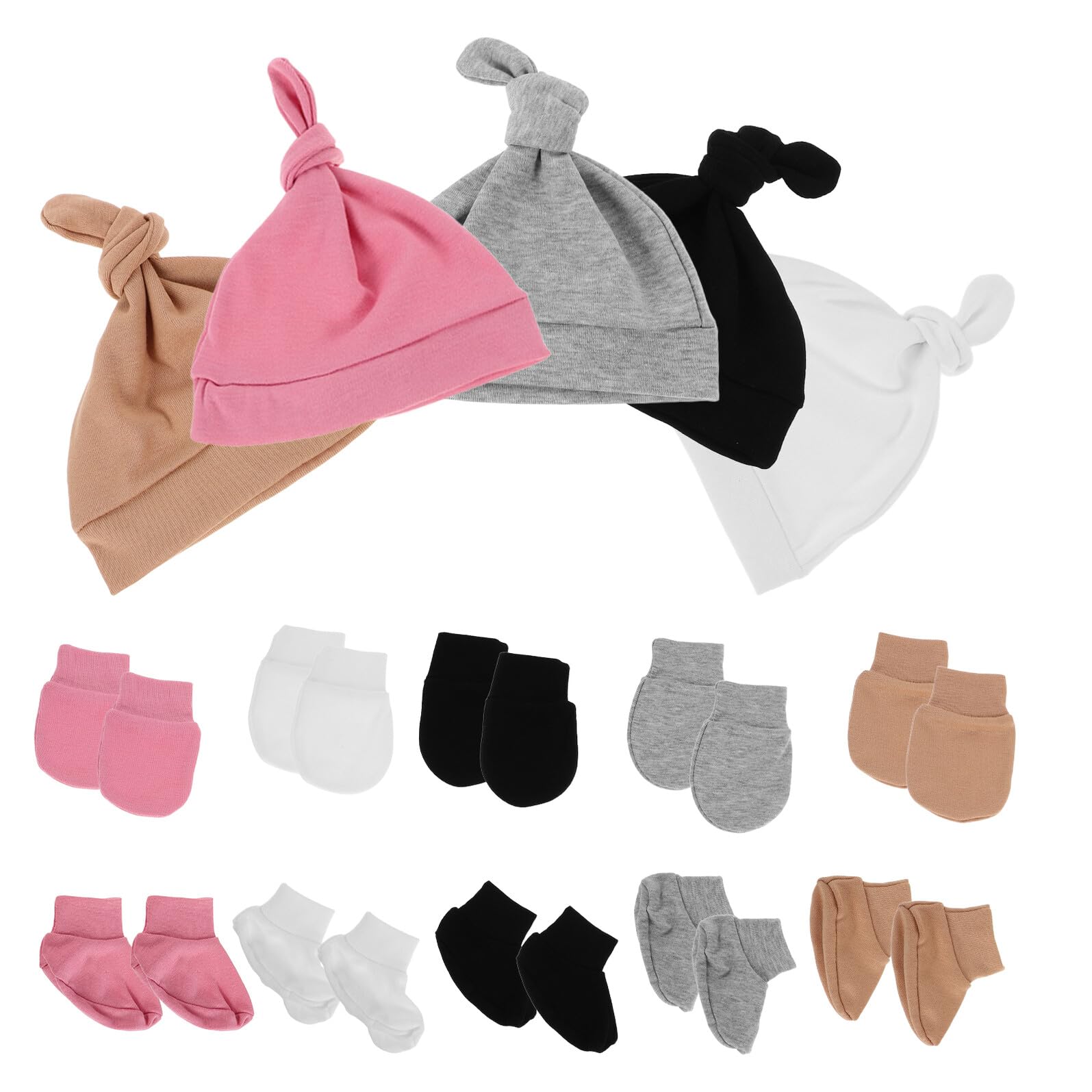 Mikinona Conjunto para Recién Nacido 0-6 Meses 5 Piezas de Gorro Manoplas y Calcetines de Algodón Colores Sólidos Oscuro para Proteger la Piel y Brindar Comodidad Diaria