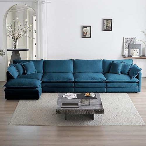 Miniatura 3 de KIVENJAJA Sofá modular en forma de L de gran tamaño, sofá nube de felpilla de 4 plazas con otomanadiván y 6 almohadas para sala de estar,