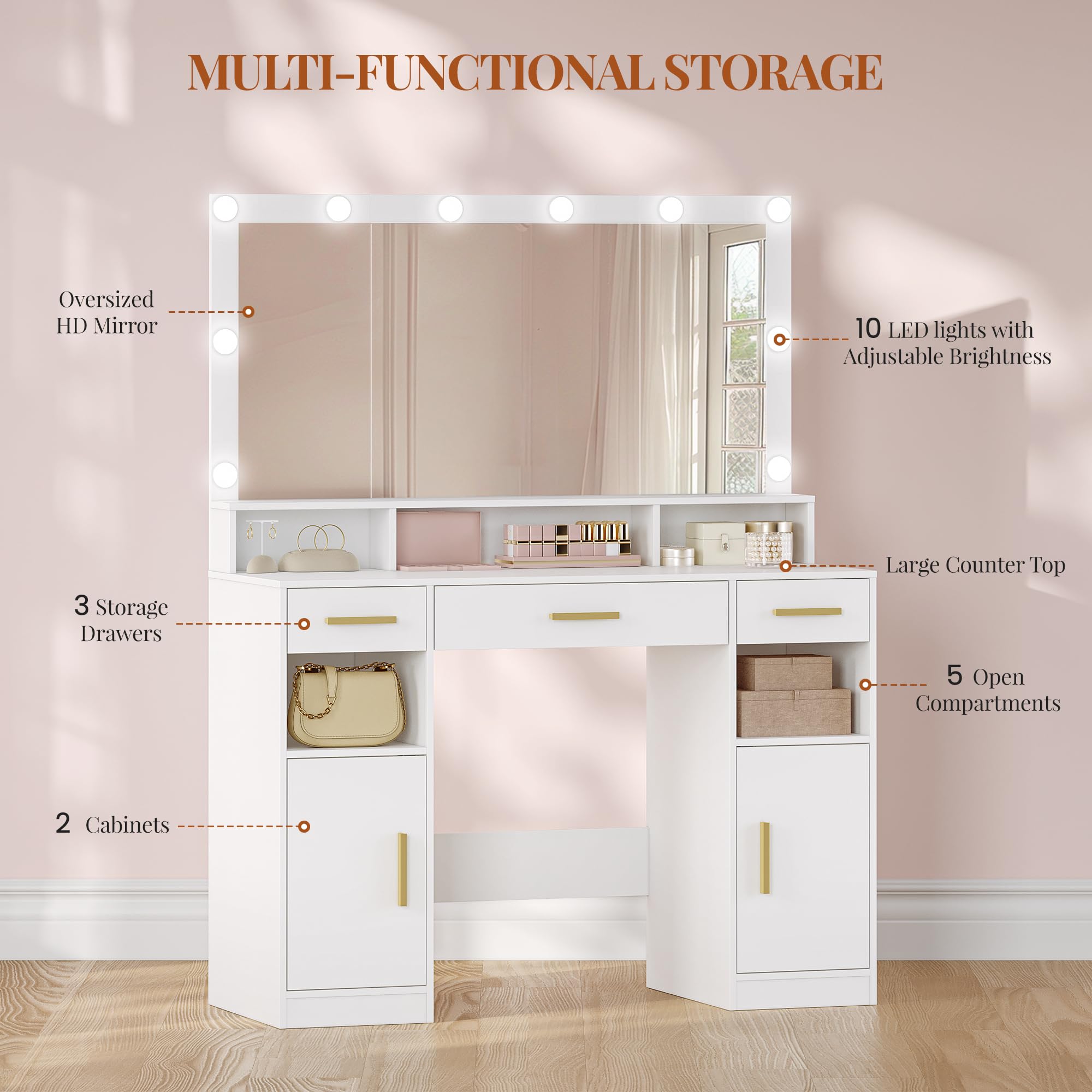 HEXCELEN 108cm Tocador de Maquillaje con Espejo Grande, Blanco