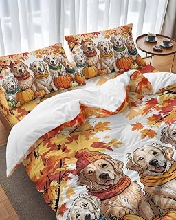 Fall Duvet Cover Set of 4 Queen Size Pumpkin Puppy Comforter Sets, Orange Autumn Maple Leaf Bedding Set with Zipper Closure and 2 Pillow Cases, Soft Bed Covers for Thanksgiving All Season