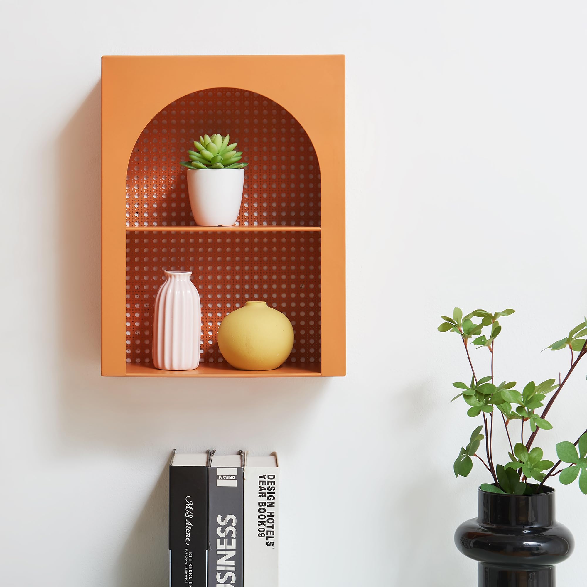 [en.casa] Estantería de Pared Jäller con 2 Compartimentos Abiertos Diseño Arqueado Estante Mural para Salón Dormitorio Entrada Metal 40 x 30 x 13 cm - Naranja