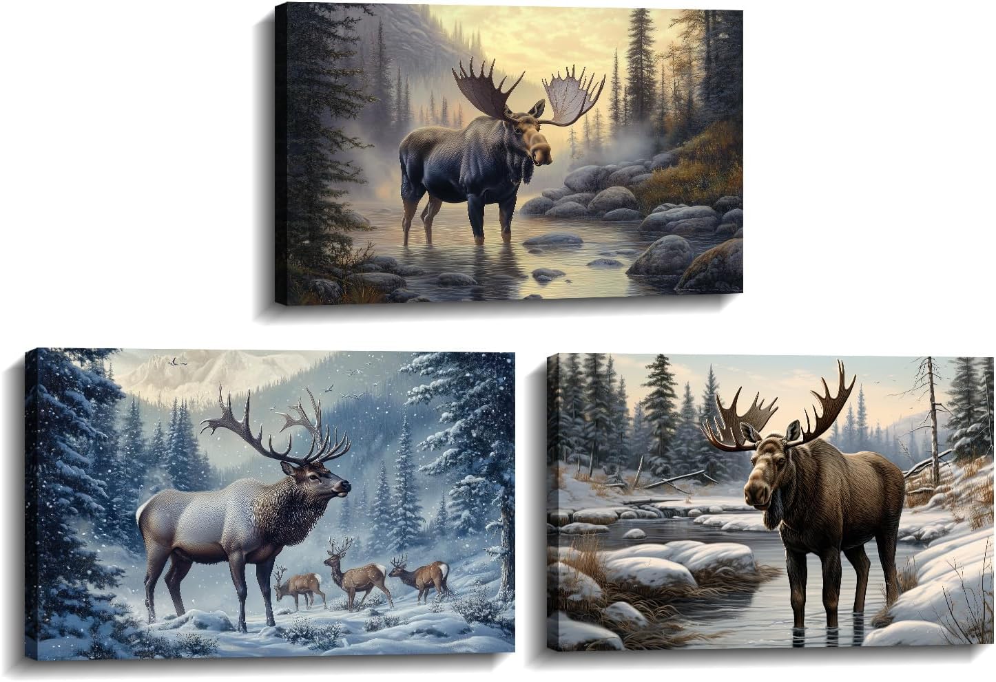 Moose Wall Art 3 Piece Wildlife Canvas Prints Rustic Forest Wilderness Animal Painting Deer Pictures for Home Cabin Wall Decor Framed(Deer-4,11.00"x14.00"x3P)