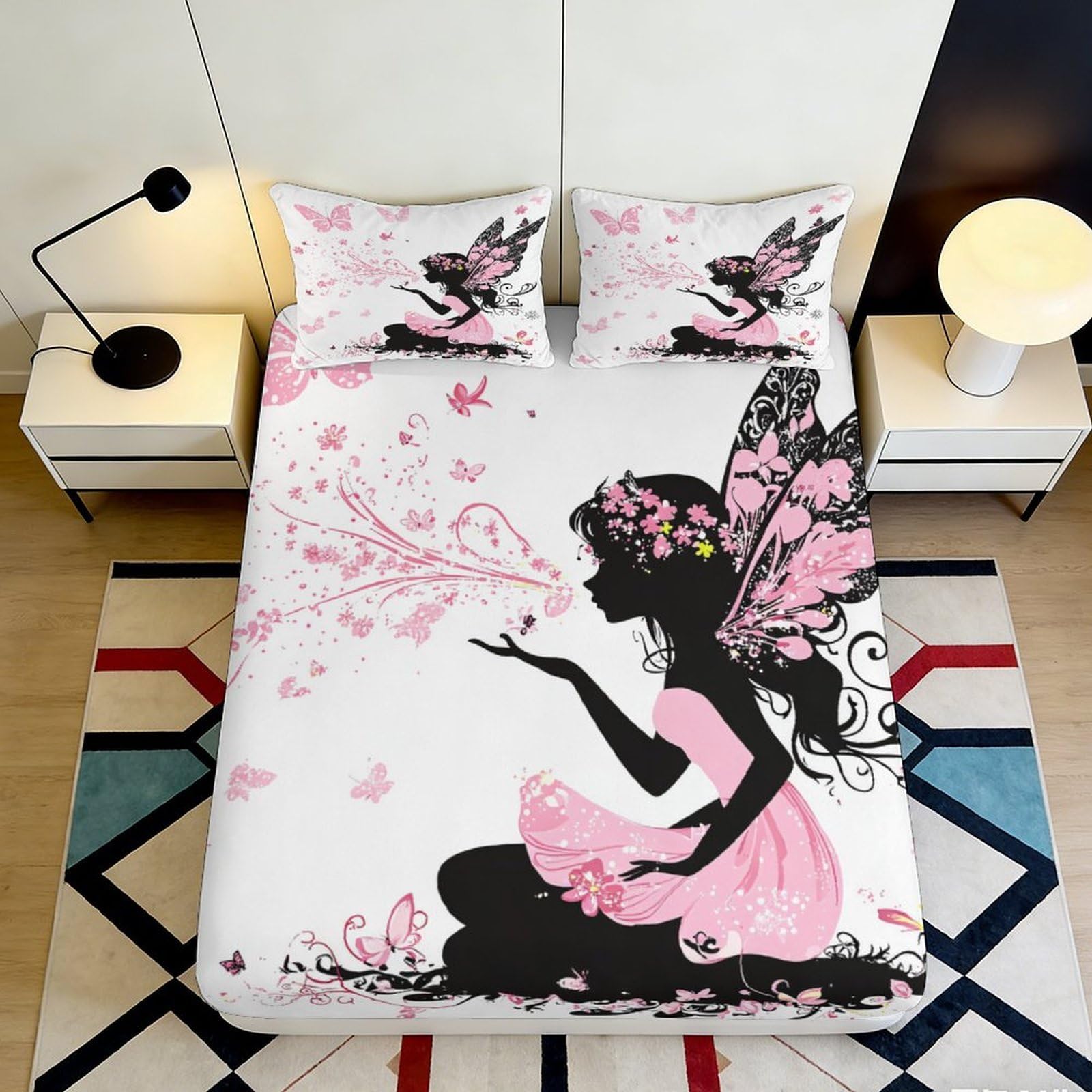 3D Printed Fairy Silhouette Fitted Sheet Microfiber Pink Butterfly Bed Cover for Bedroom Guest Room Mattress Protection 120x200x25cm