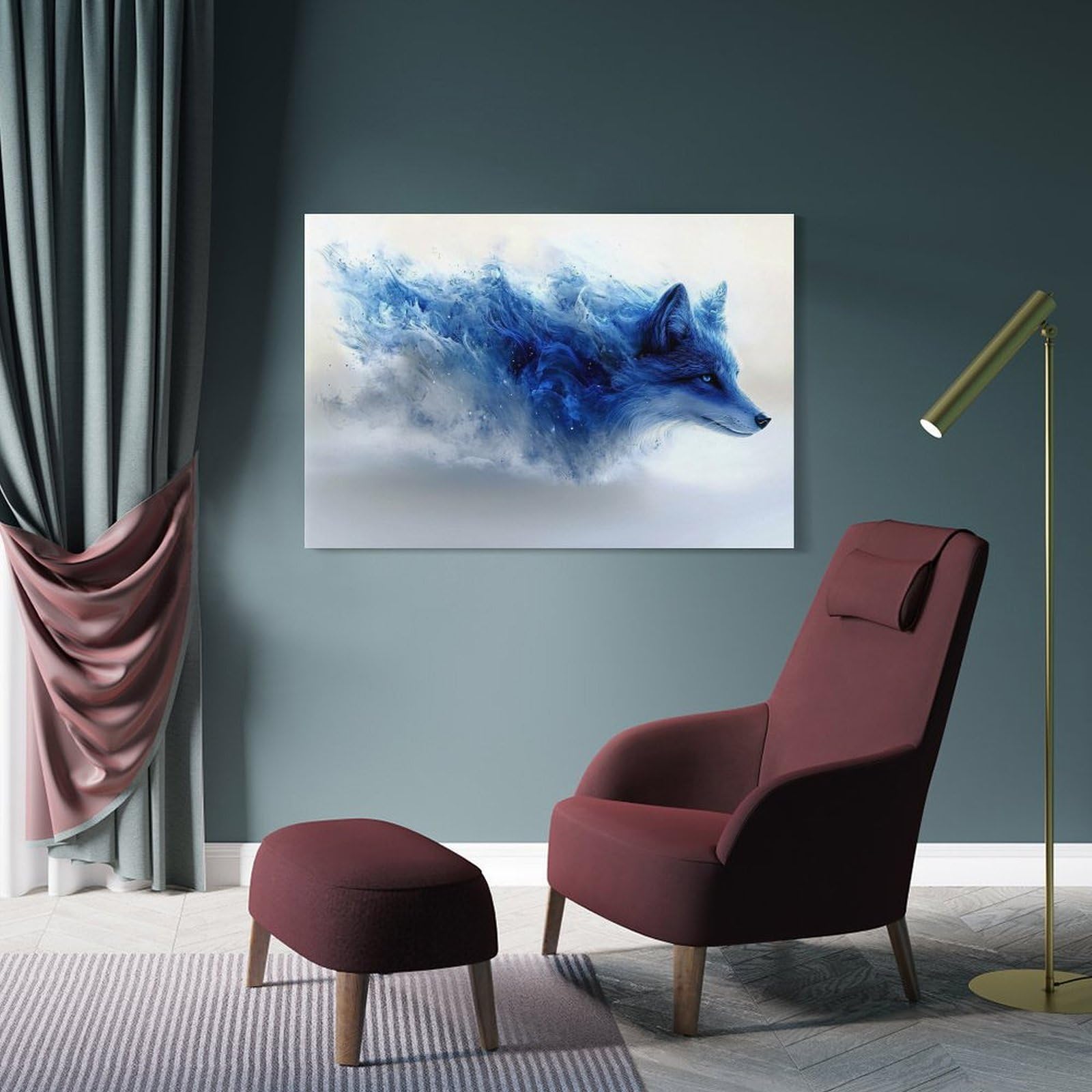 Junmoney Frame-Style-20 Blue Fox Spirit Decorative Wall Artwork, 24X36inch(60X90cm), For Study, Office Or Focused Interiors, A Smart Decor Choice For Study Walls