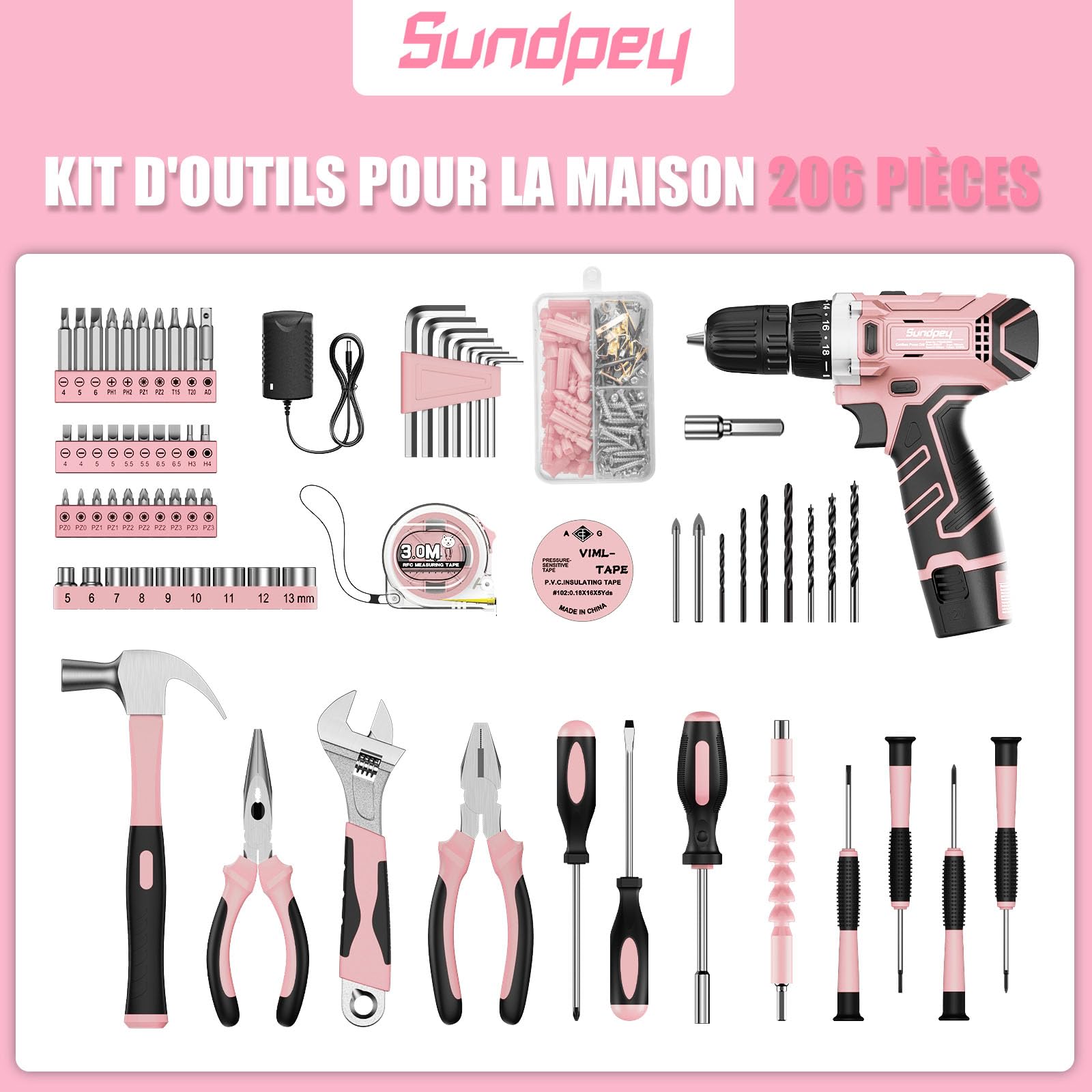 Perceuse à Percussion Sans fil 12V - Sundpey Malette Outils 206 Pièces, avec Jeu de Tournevis et Pinces, Caisse a Outil Complete avec Perceuse pour Jardin, Bureau, Réparation à Domicile Rose