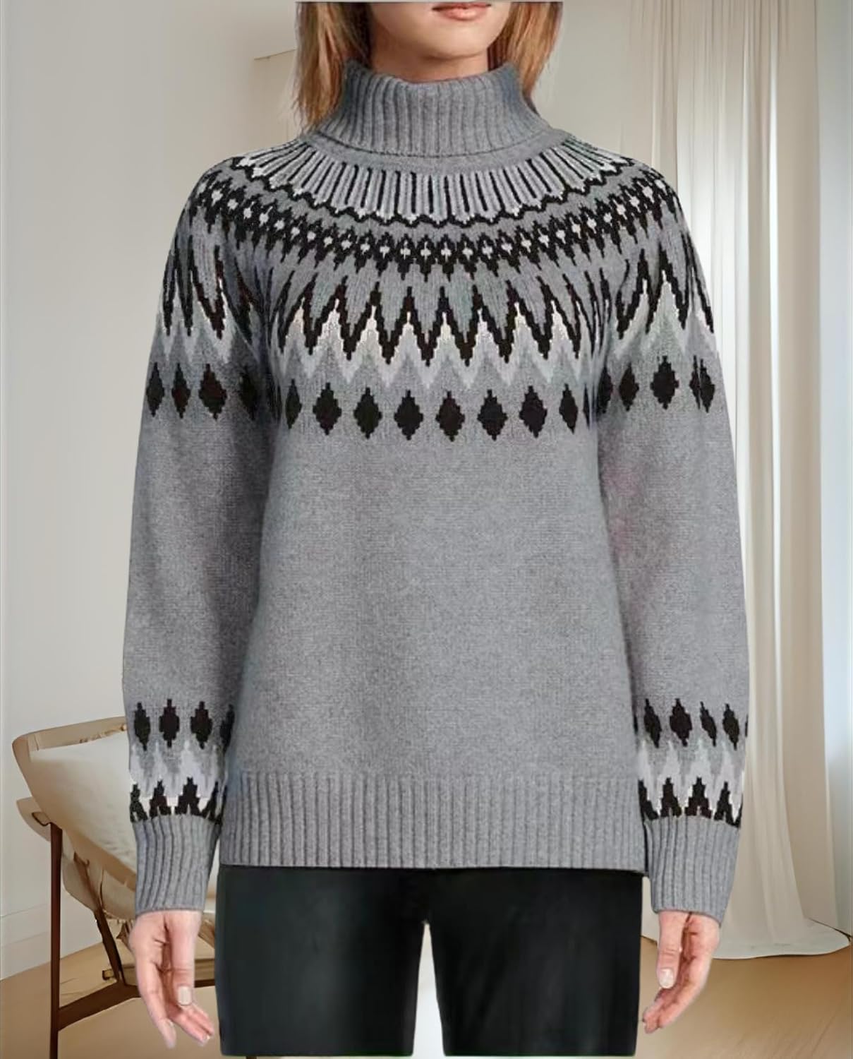 Women's Geometric Print Turtleneck Sweater Winter Warm Long Sleeve Casual Top for Vacation and Daily Wear - Image 6