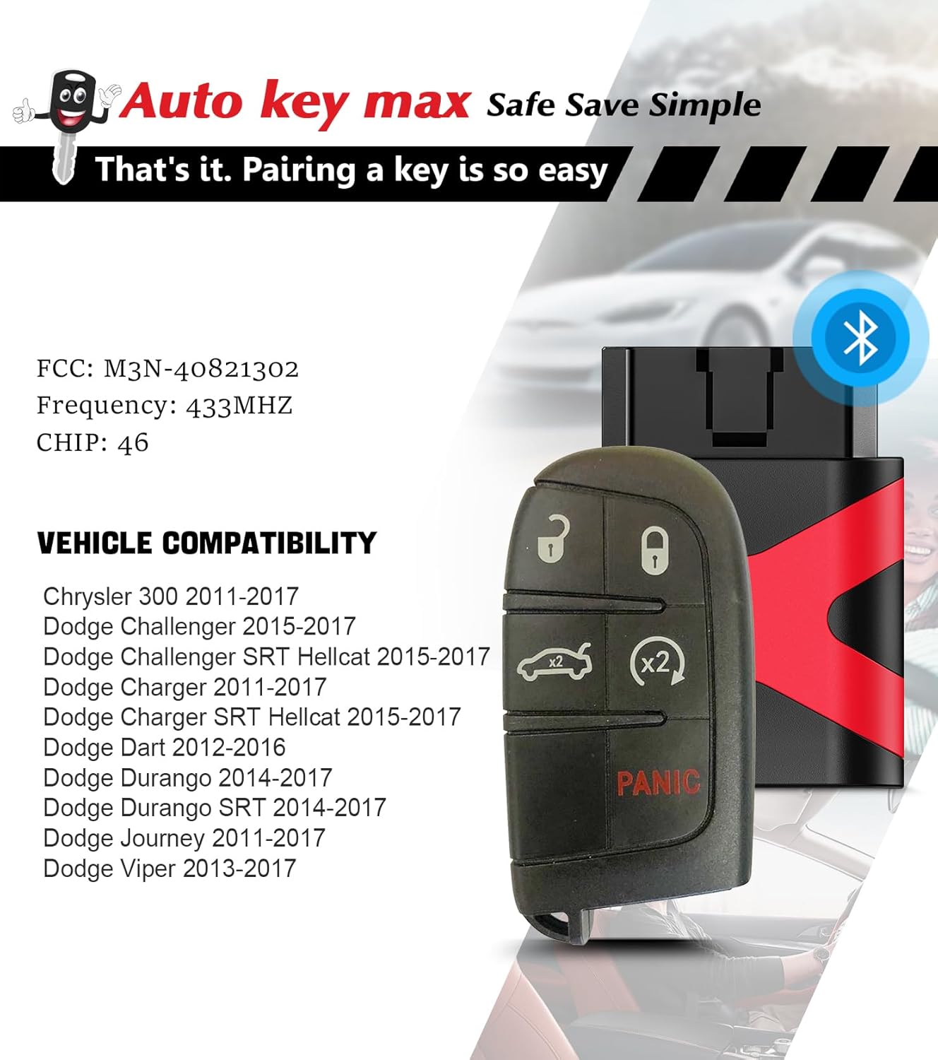 2 Programmable Key fob Scanner Tool, Easy DIY Programmer Kit Replacement for Smart Keyless Entry Remote Dodge Dart Charger Challenger M3N-40821302