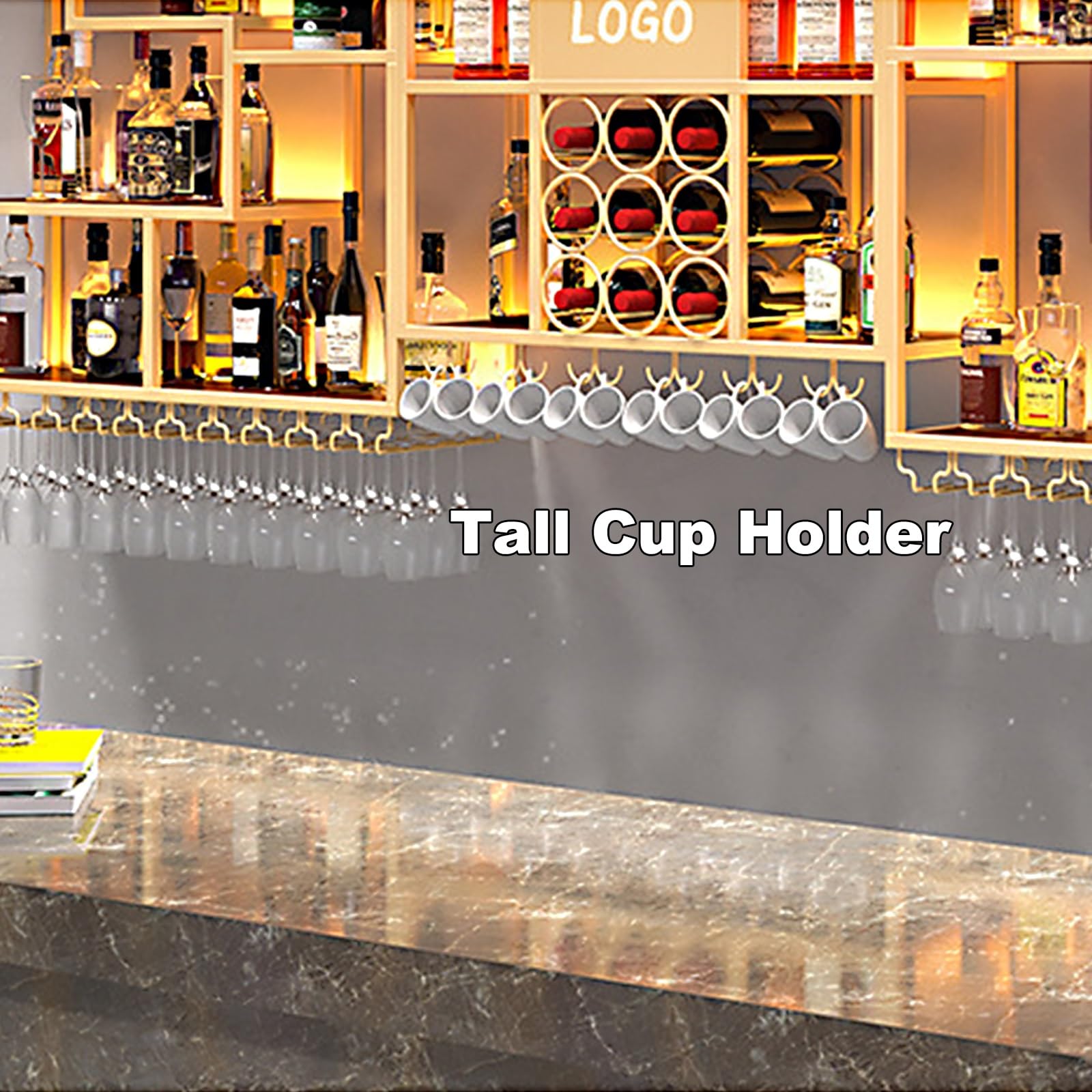 Wall Mounted Wine Rack Botellero de Hierro, Botellero de Pared Soldado a Mano, Botellero Vino Pared Industrial con Ganchos para Copas de Vino Cocina, Hogar, Bar(Gold)