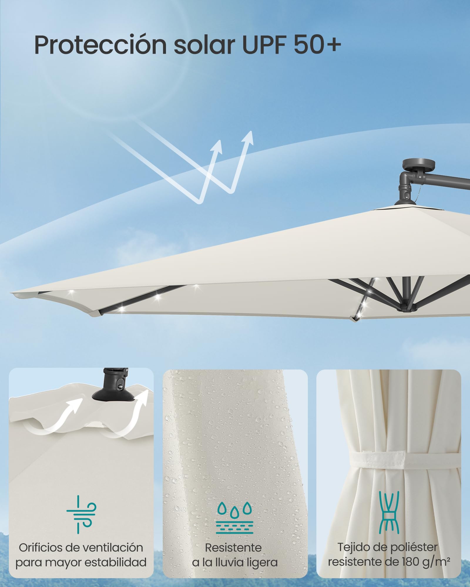 SONGMICS Sombrilla para Balcón con Iluminación LED Solar, Brazo de 350 cm de Diámetro, 32 Luces, con Base, Parasol UPF 50+, con Manivela, para Terraza, Jardín, Beige GPU119LZ01