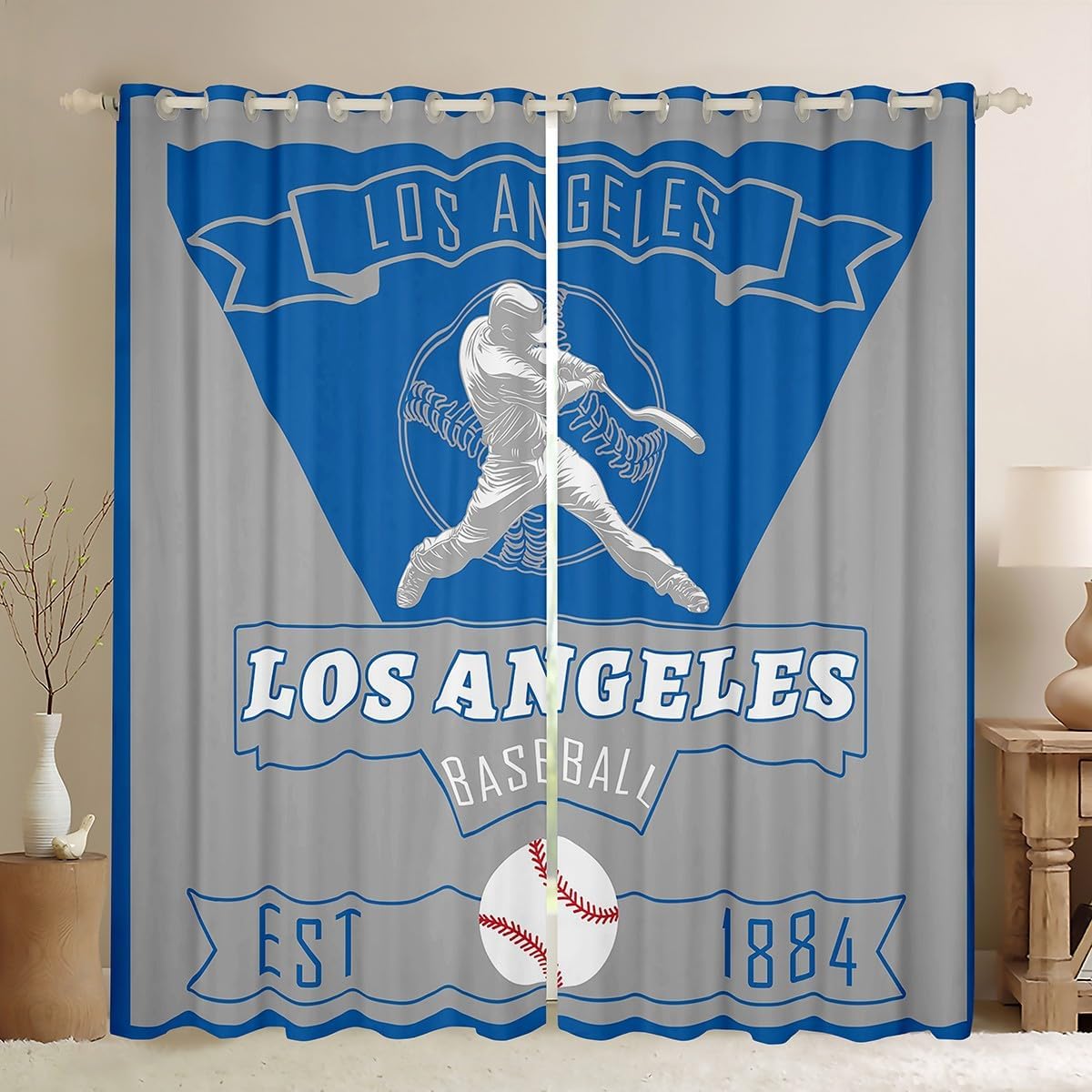 Feelyou Baseball Curtains for Bedroom Living Room Los Angeles Blackout Shades Baseball City Room Darkening Curtain Sports Game Window Treatments, 2 Panels 38 x 45 Inch Decor