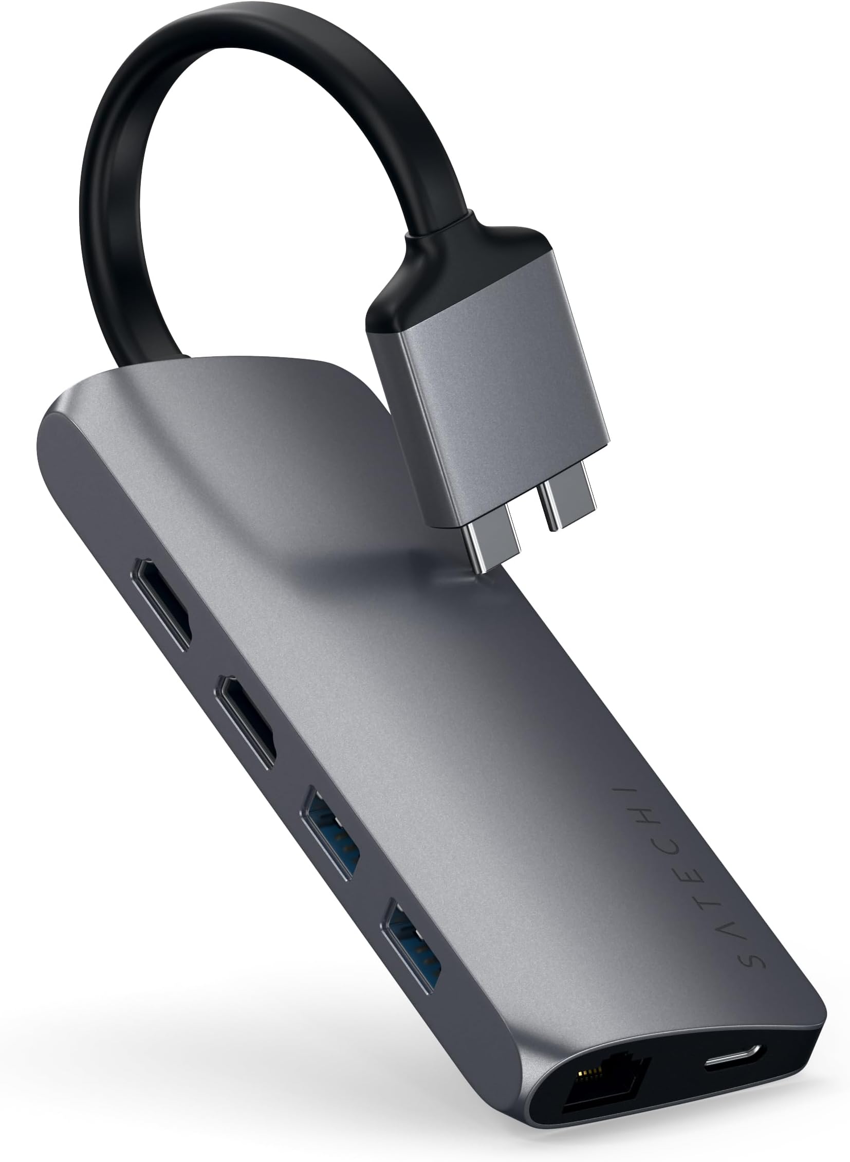 SATECHI USB-C Hub Dual Multimedia Adaptor, USB-C Docking Station with 2x4K HDMI, 60W PD Charging, 2 USB-A Data, Gigabit Ethernet, Micro/SD Card Readers, for MacBook Air & Pro M5 M4 M3 – Space Grey