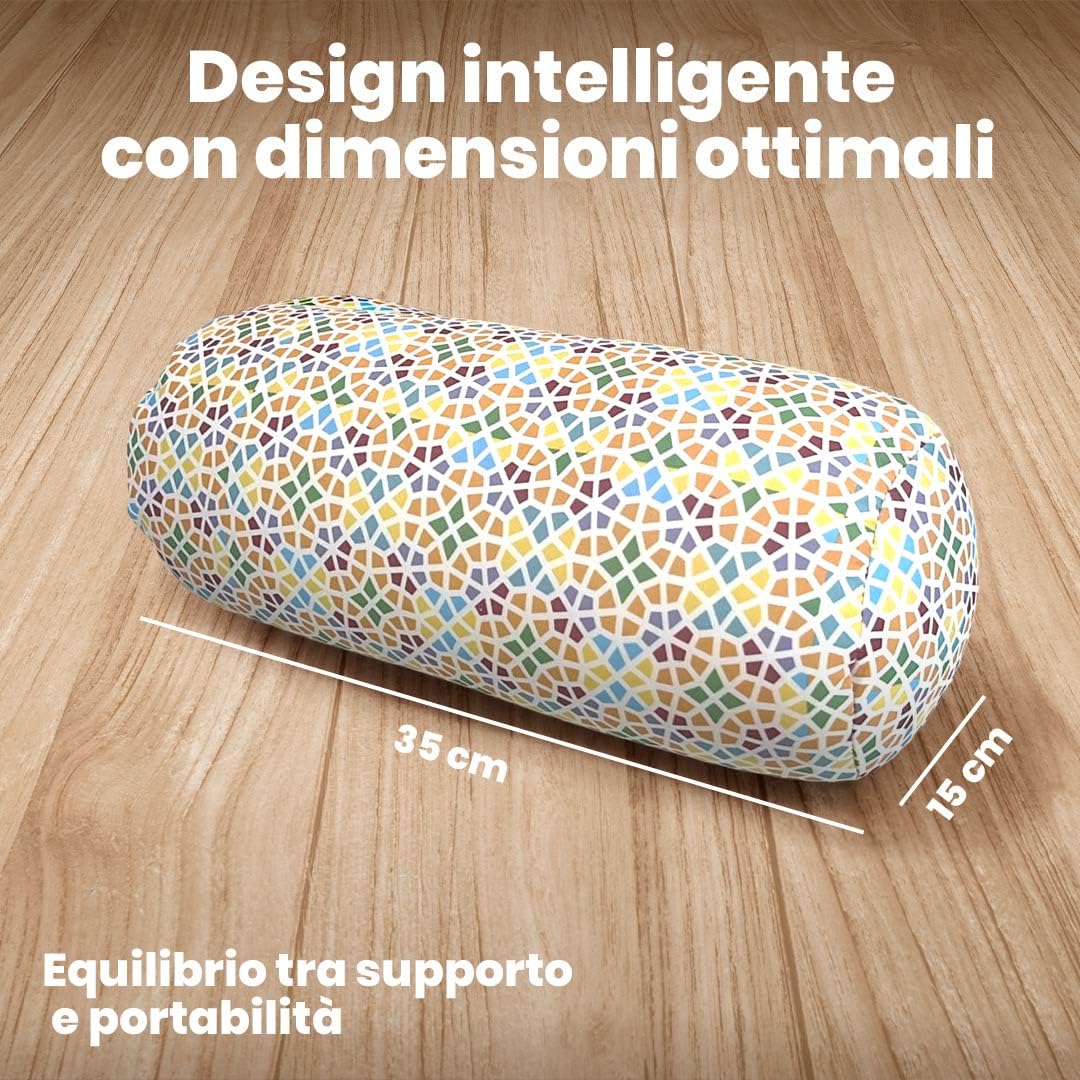 Cuscino Rotondo Anti-Stress Relax | Sollievo per Collo e Lombare | Riempimento con Microperle Confortevoli | Tessuto in Lycra Morbida al Tatto | Lavabile in Lavatrice | 35x15 cm(Mosaico)