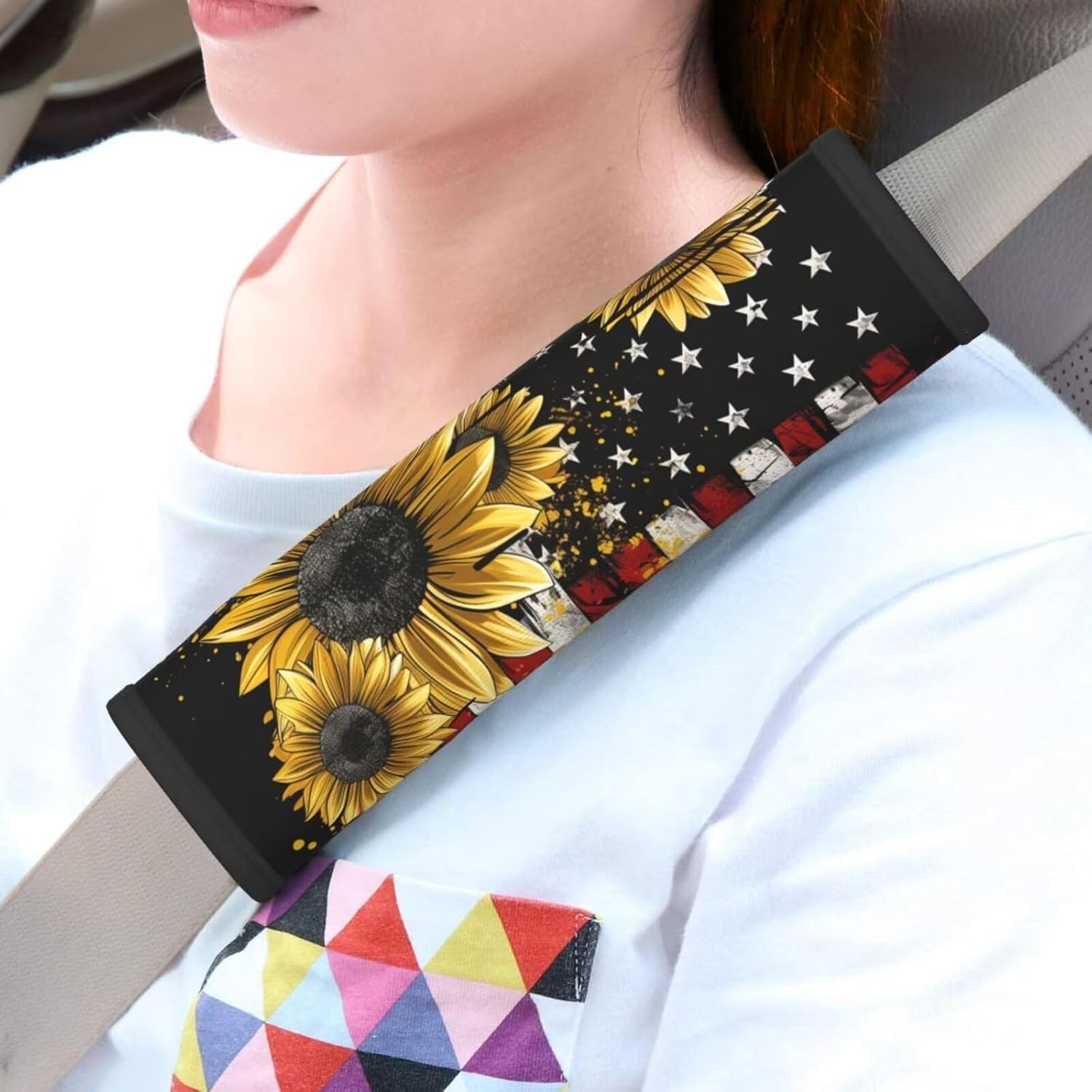 Car Seat Belt Pads Sunflower Flag 2 Pack Seatbelt Shoulder Strap Covers American Flag Rustic Yellow Floral Universal Safety Strap Cover for Auto SUV Truck Airplane Backpack