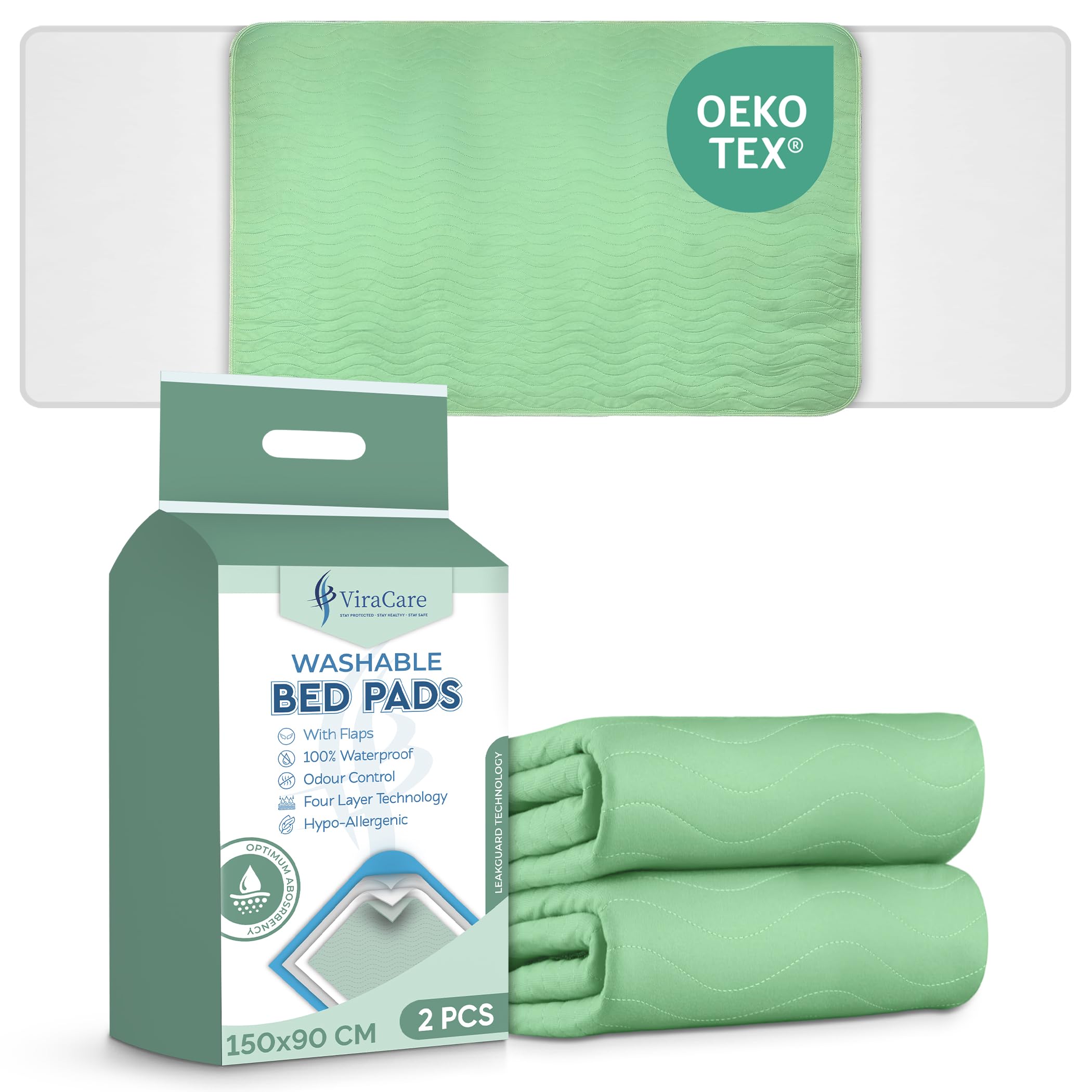 2 x Washable Incontinence Bed Pads | 150 x 90 cm | Incontinence Bed Sheets | Suitable for King Bed | with Tucks & Colour Green | Absorbent Pads | (150x90 cm, 1 Pack of 2)-image-7