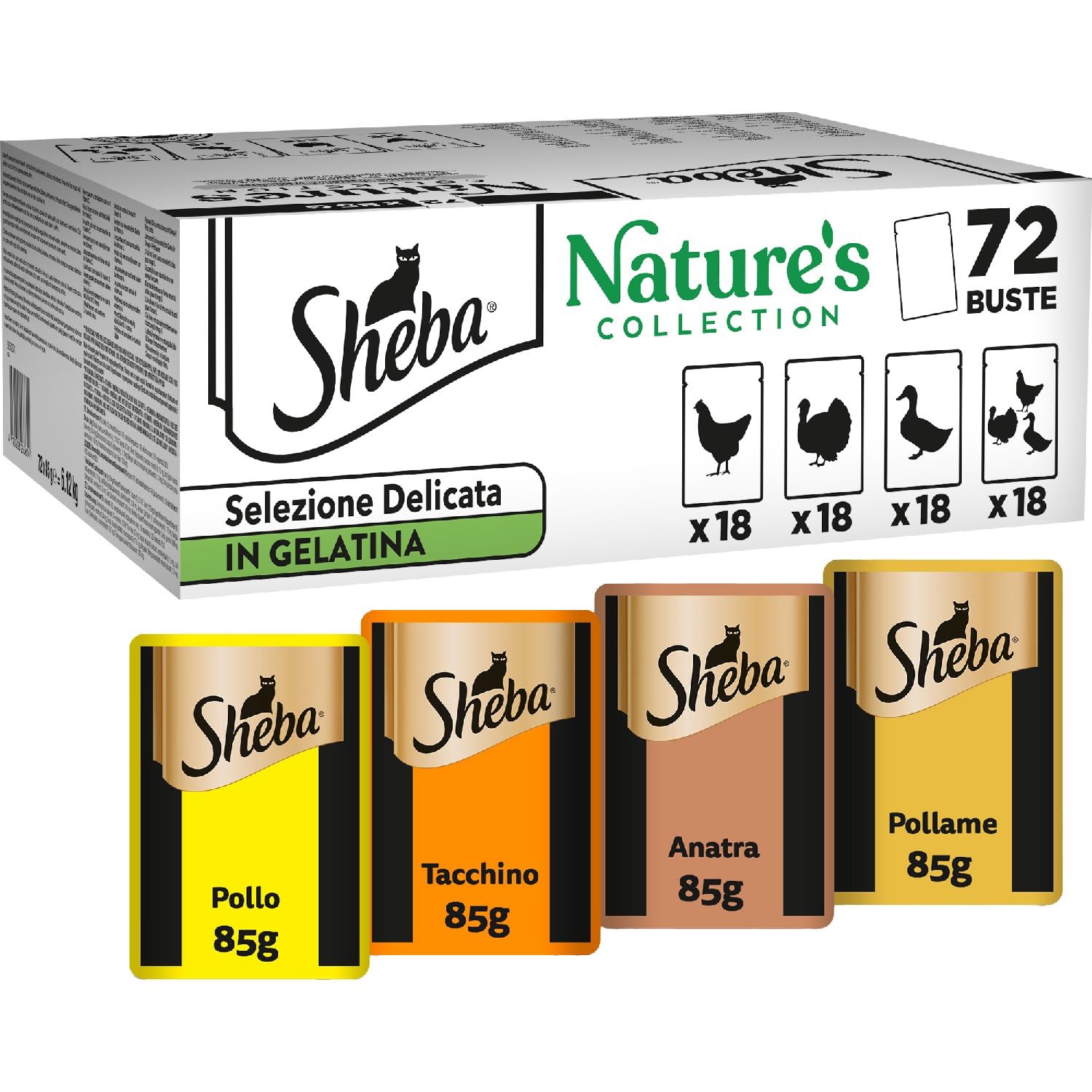 Sheba Nature’s Collection Selezione Delicata in Gelatina, gusti Pollo, Tacchino, Pollame, Anatra, cibo umido completo per gatti adulti, 72 Bustine da 85g