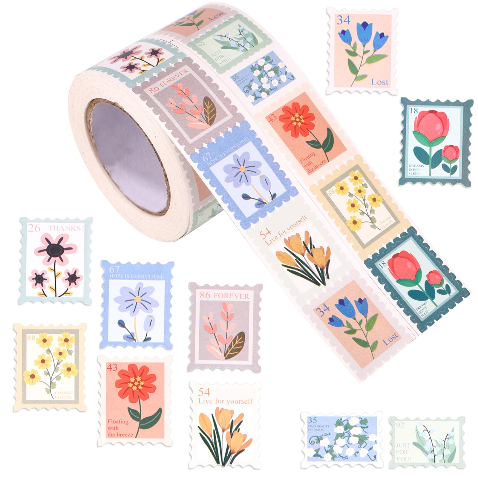 2 Rolls 1000 Pcs Flower Stamp Stickers for Kids, 10 Styles Colorful PVC Floral Postage Stamp Stickers for Kids Scrapbook Journal Planner Party Favors Gift Wrapping Crafts