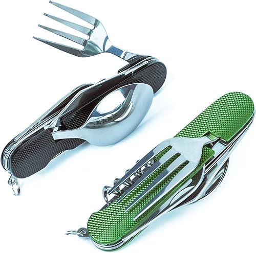 Juego de cubiertos multifunción 6 en 1 para acampar, cuchara desmontable, tenedor, cuchillo, kit combinado con bolsa de transporte (negro + verde)