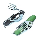 6-in-1 Multi-Function Camping Utensil Flatware Set Detachable Spoon Fork Knife Combo Mess Kit with Carrying Pouch (Black + Green)