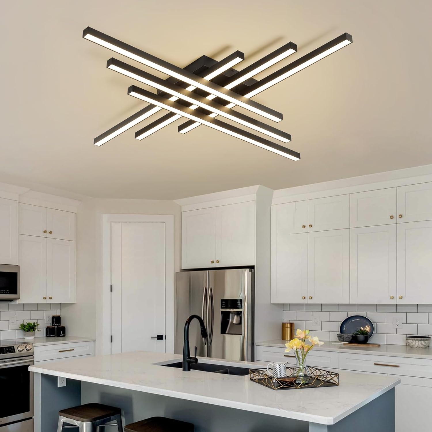 JAYMP 43.3" Modern Ceiling Light with Remote, Black Sputnik Ceiling Lamp, 96W Dimmable LED Lighting Fixture for Dining Room, Living Room, Kitchen Island, 6 Lights