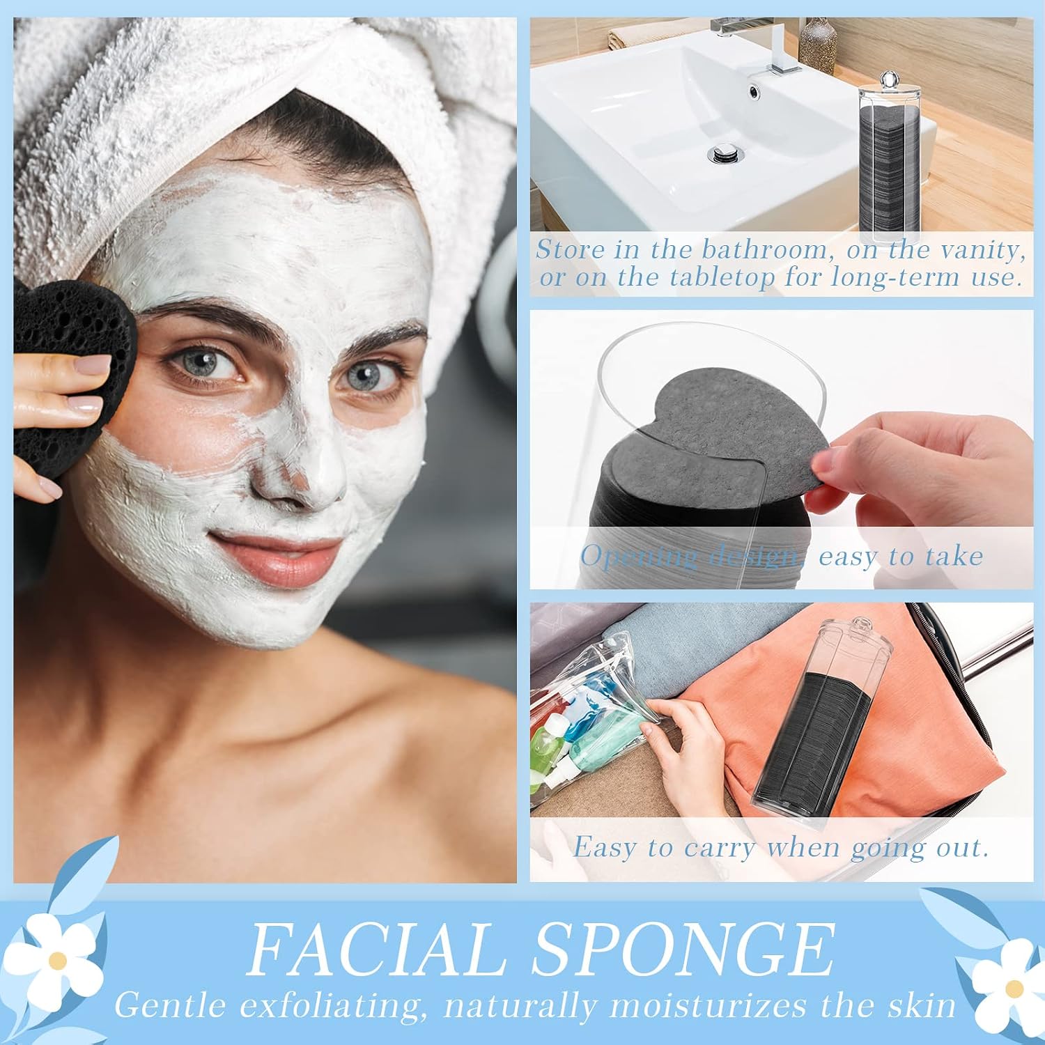 Sieral 120 Pcs Compressed Facial Sponges for Women with Container Disposable Face Sponge Pads for Mask Washing Face Cleansing Exfoliating Pore Esthetician Makeup Removal(Heart,Black)