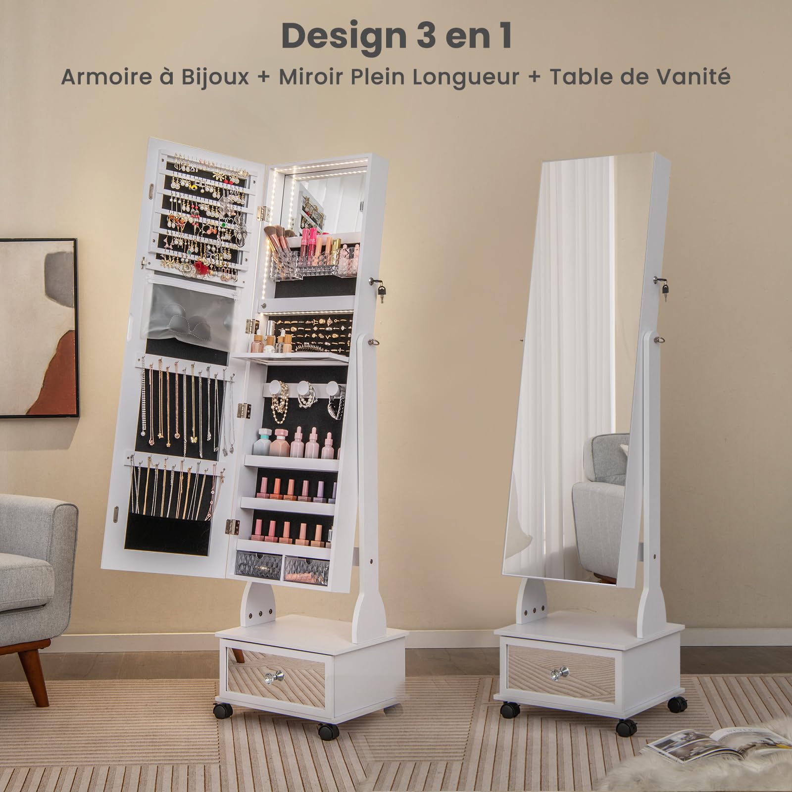 GOPLUS Armoire à Bijoux avec Roues, Organisateur de Bijoux Verrouillable avec LED 3 Couleurs, 3 Angles Réglables, Miroir Intégré, Armoire à Bijoux avec Miroir sur Pied avec Grand Rangement (Blanc)