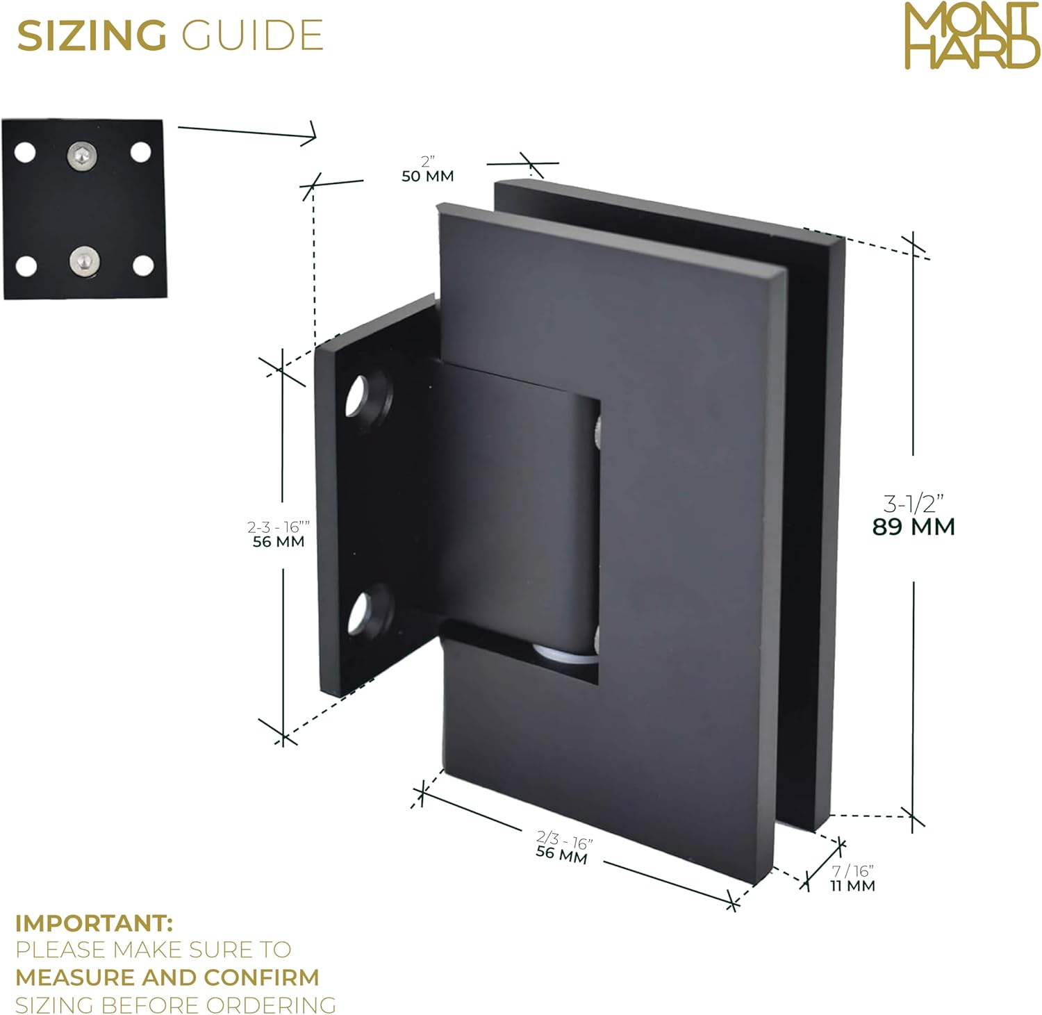 Shower Door Hinge - Short Back Plate, Matte Black Square Standard Wall to Glass Hinges, Fits 3/8" to 1/2" (10 to 12 mm) Glass, 90 Degree, Solid Brass, Bathroom Hardware Residential & Commercial Use