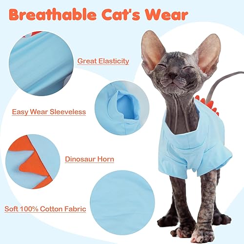 Miniatura 6 de DENTRUN Sphynx - Ropa de gato, lindo diseño de dinosaurio, disfraz de gato sin pelo, camisas de algodón transpirable, ropa de gato solo para gatos,