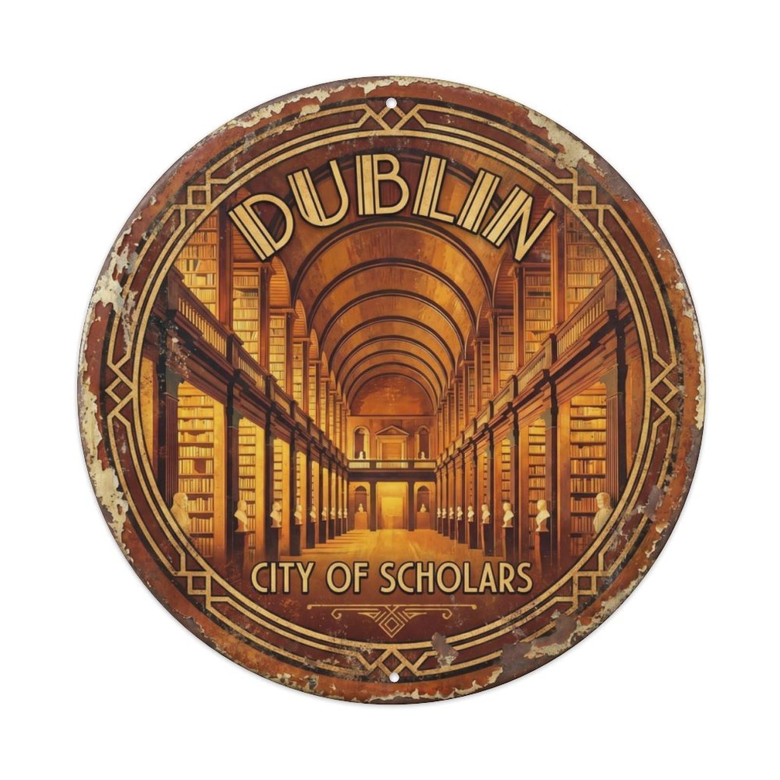 College Ancient Library Academy Metal Tin Sign Plaque Wall Decor for Cafe, Club Bar, Office, Home Garden Round Metal Poster 8x8Inch